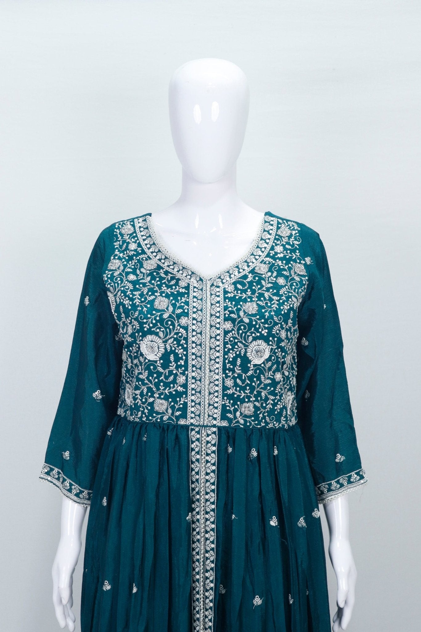 Teal Green Chinon Embroidered Readymade Anarkali Suit with Dupatta - Mangaldeep NX