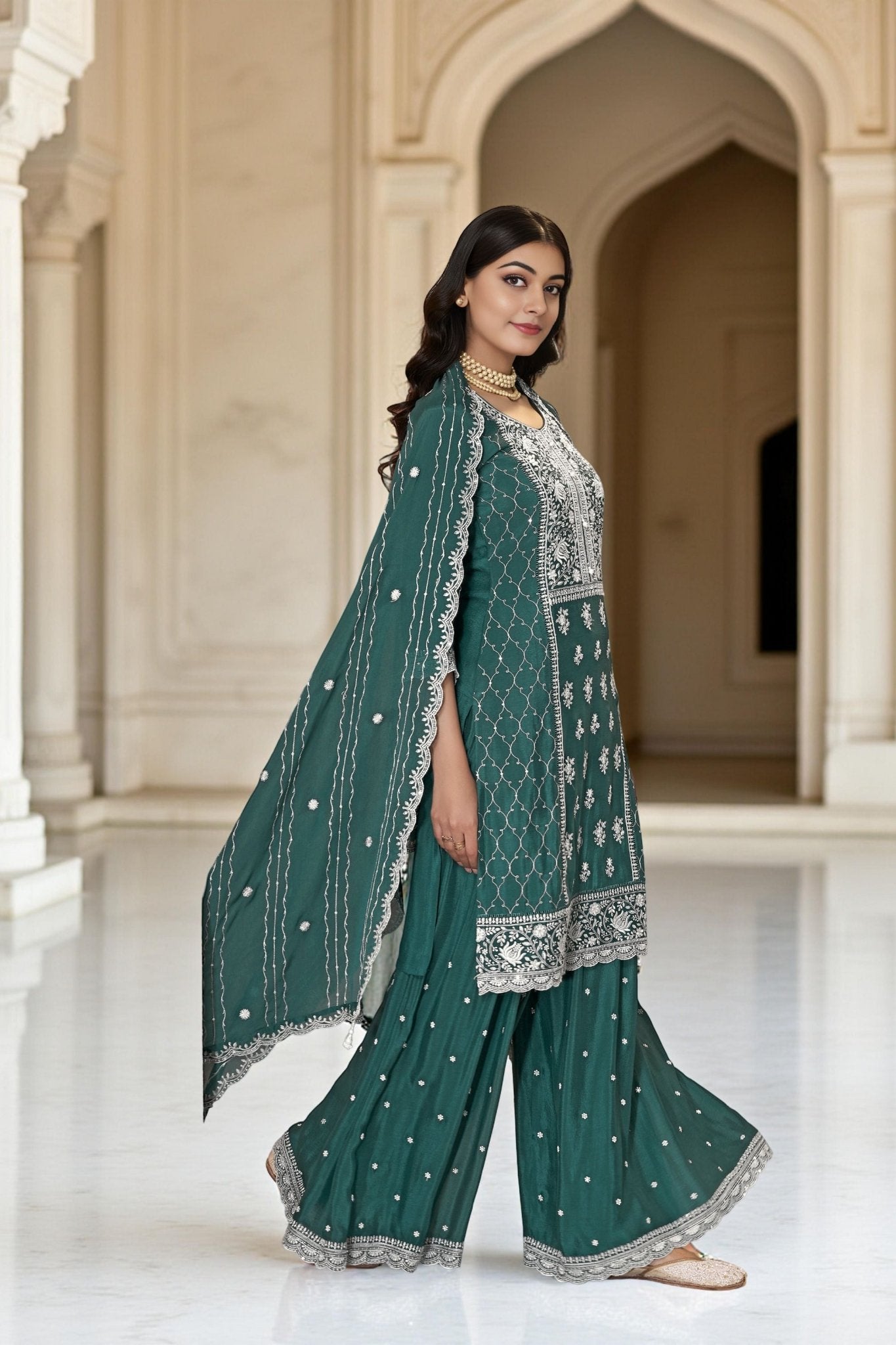 Teal Green Chinon Embroidered Readymade Palazzo Suit with Dupatta - Mangaldeep NX