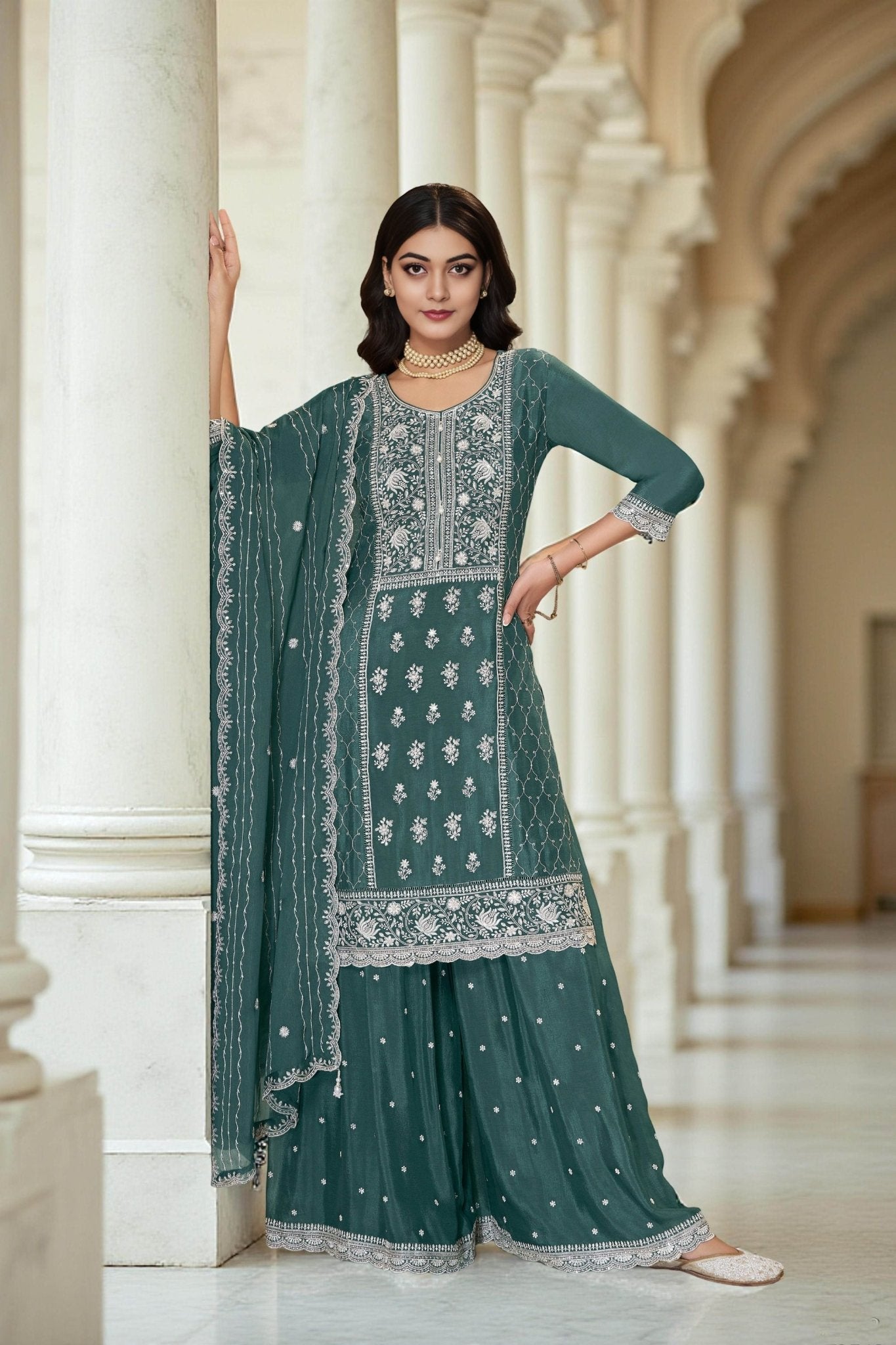 Teal Green Chinon Embroidered Readymade Palazzo Suit with Dupatta - Mangaldeep NX