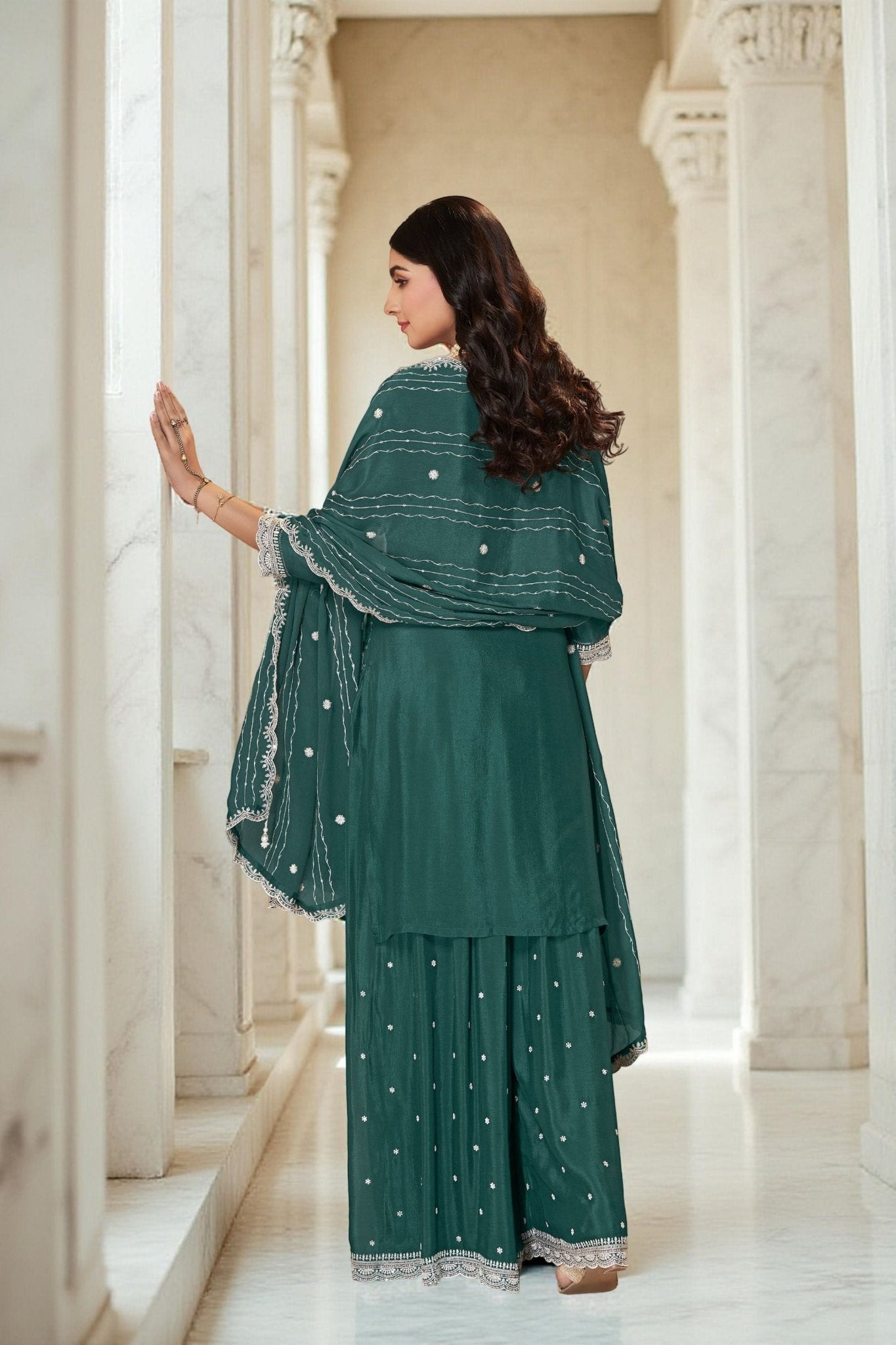 Teal Green Chinon Embroidered Readymade Palazzo Suit with Dupatta - Mangaldeep NX