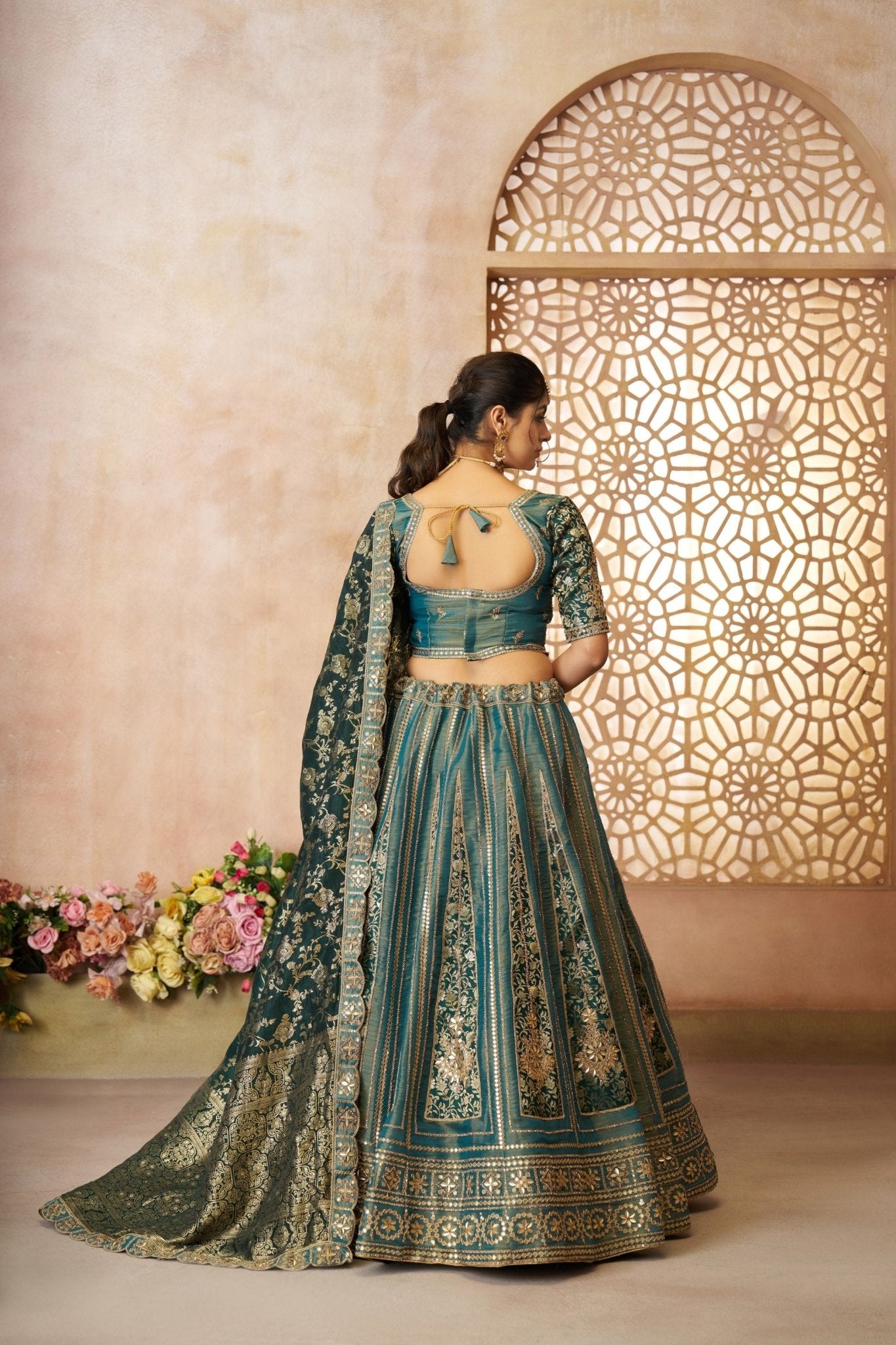 Teal Green Embroidered Lehenga Choli with Dupatta - Mangaldeep NX