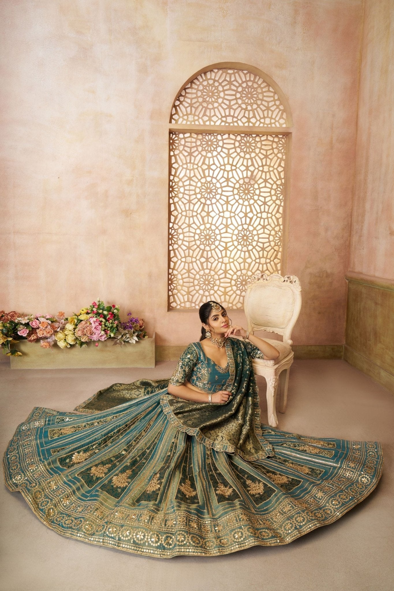 Teal Green Embroidered Lehenga Choli with Dupatta - Mangaldeep NX