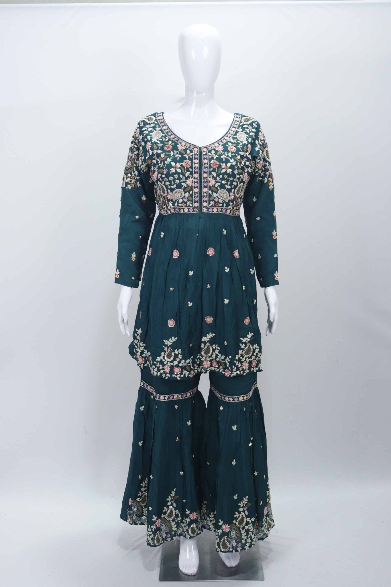 Teal Green Embroidered Sharara Set with Floral Thread Work and Matching Dupatta - Mangaldeep NX