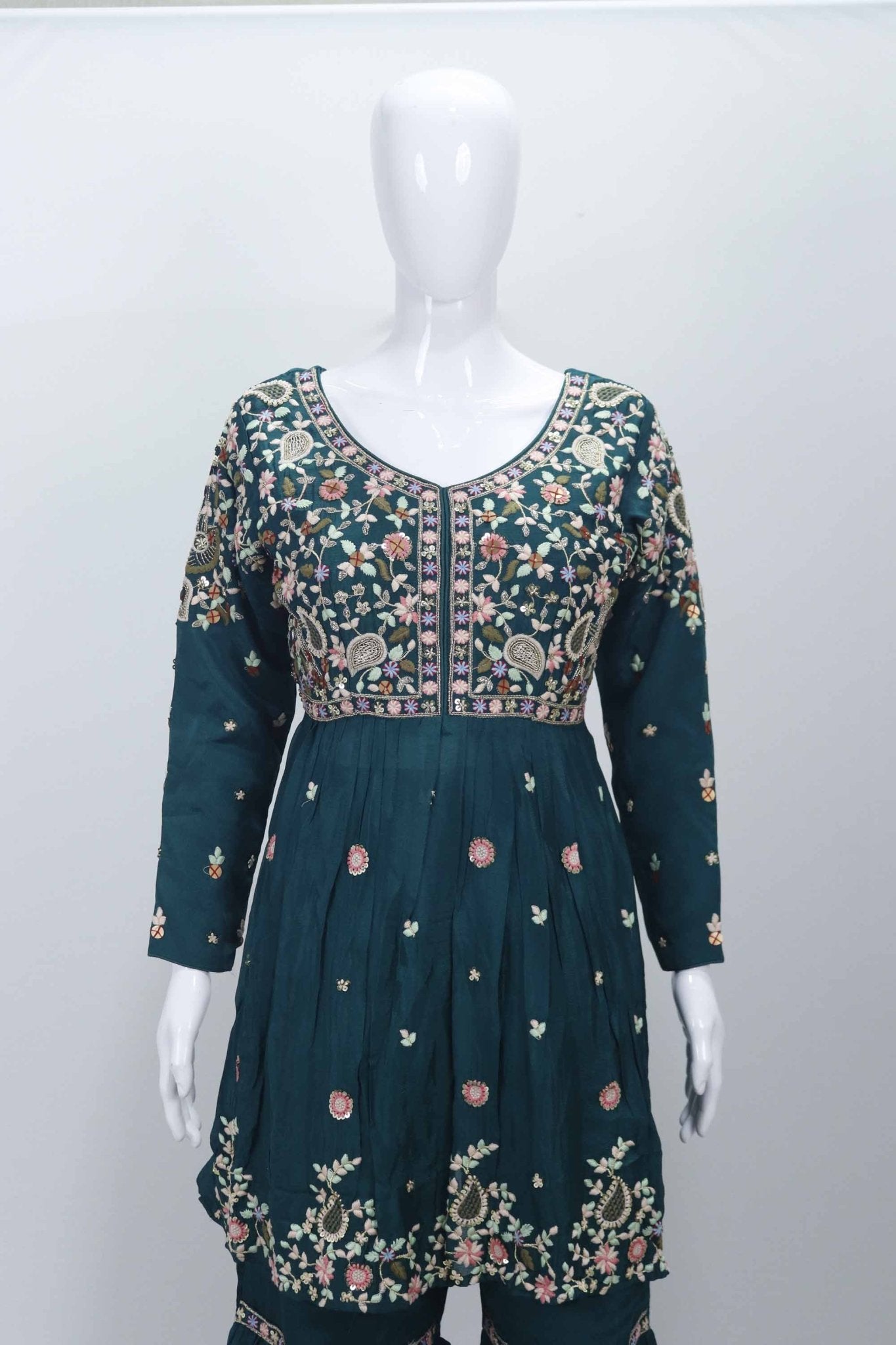 Teal Green Embroidered Sharara Set with Floral Thread Work and Matching Dupatta - Mangaldeep NX