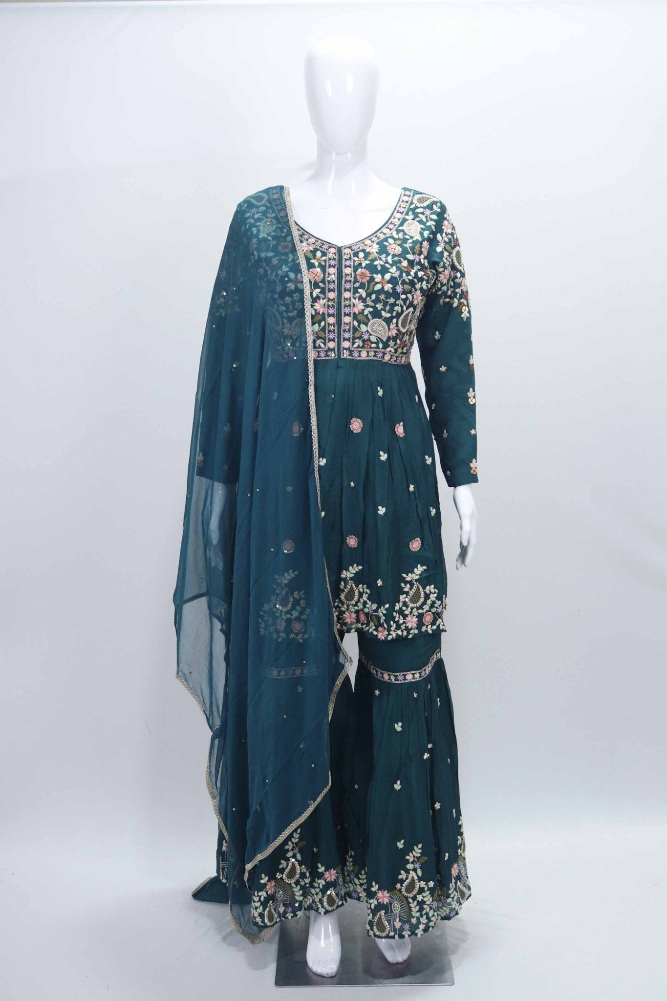 Teal Green Embroidered Sharara Set with Floral Thread Work and Matching Dupatta - Mangaldeep NX