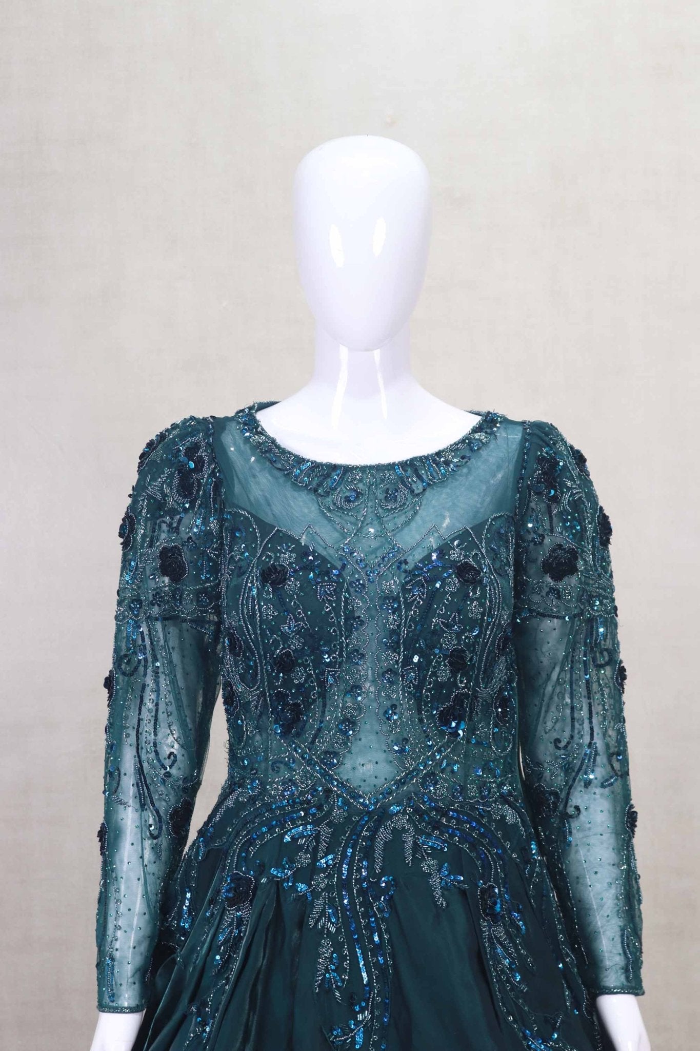 Teal Green Full Sleeve Gown with Heavy Sequin and Bead Embroidery - Mangaldeep NX