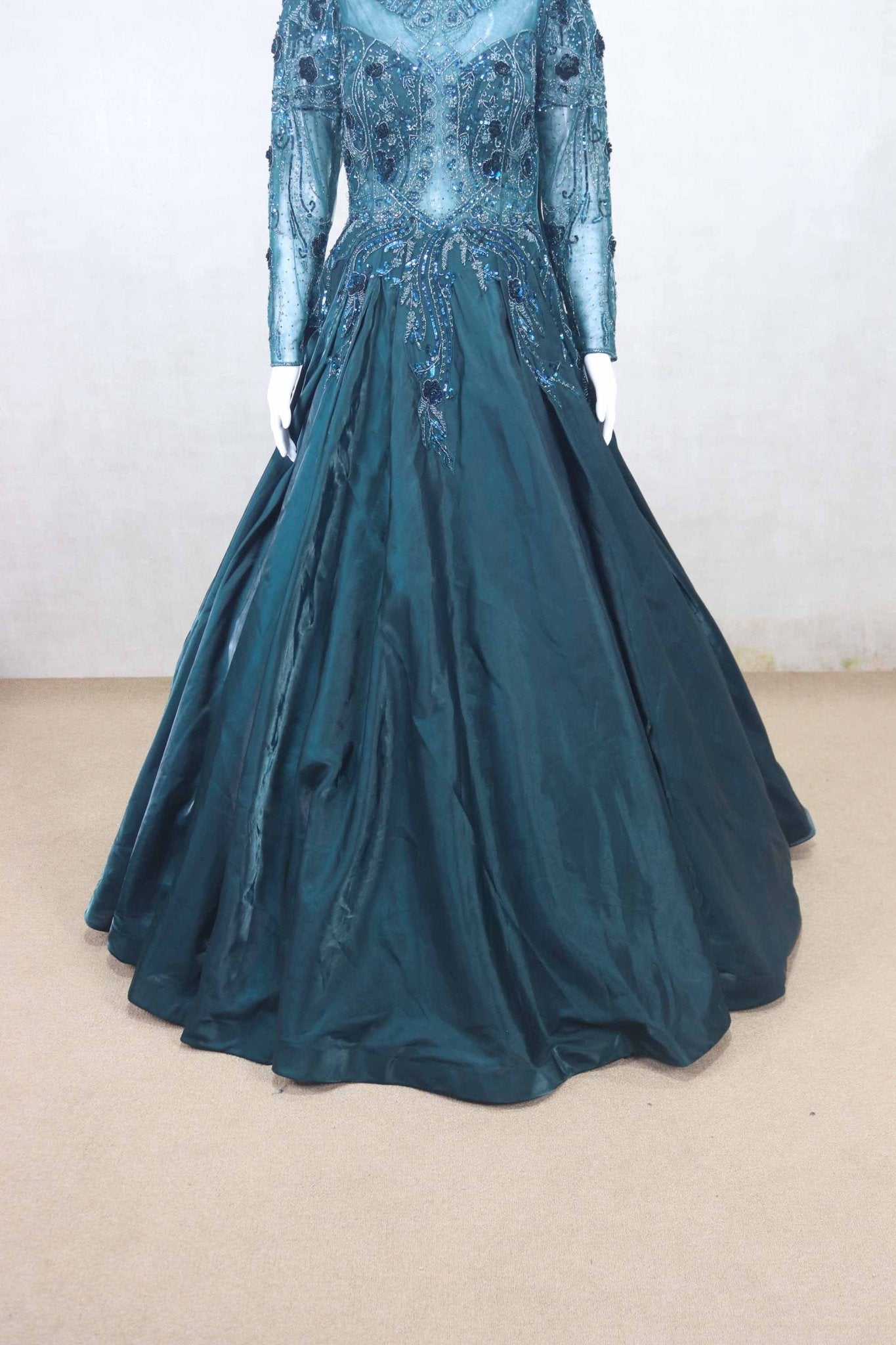 Teal Green Full Sleeve Gown with Heavy Sequin and Bead Embroidery - Mangaldeep NX