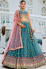Teal Green Mirror Work Embroidered Silk Lehenga Choli with Pink Net Dupatta - Mangaldeep NX