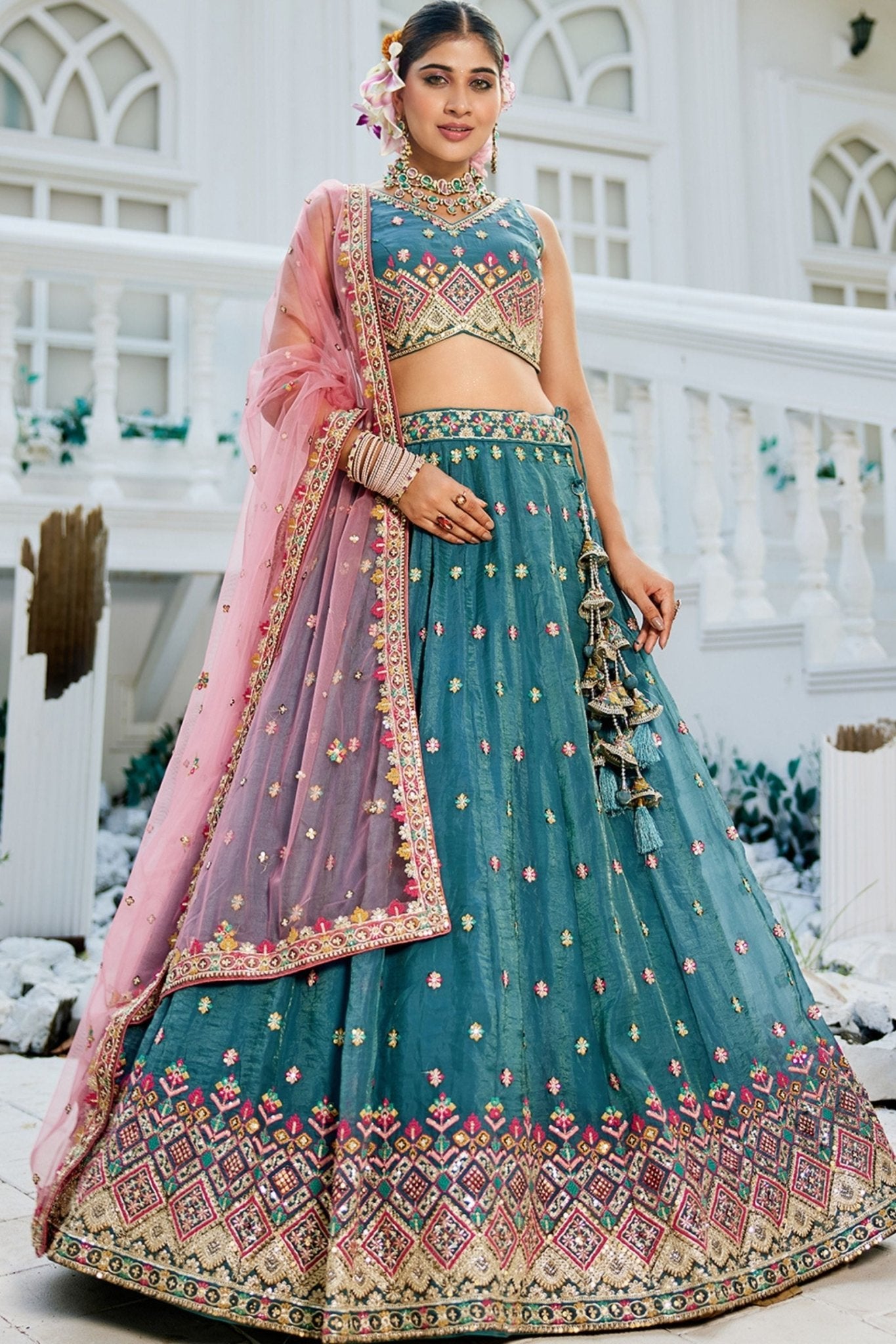 Teal Green Mirror Work Embroidered Silk Lehenga Choli with Pink Net Dupatta - Mangaldeep NX
