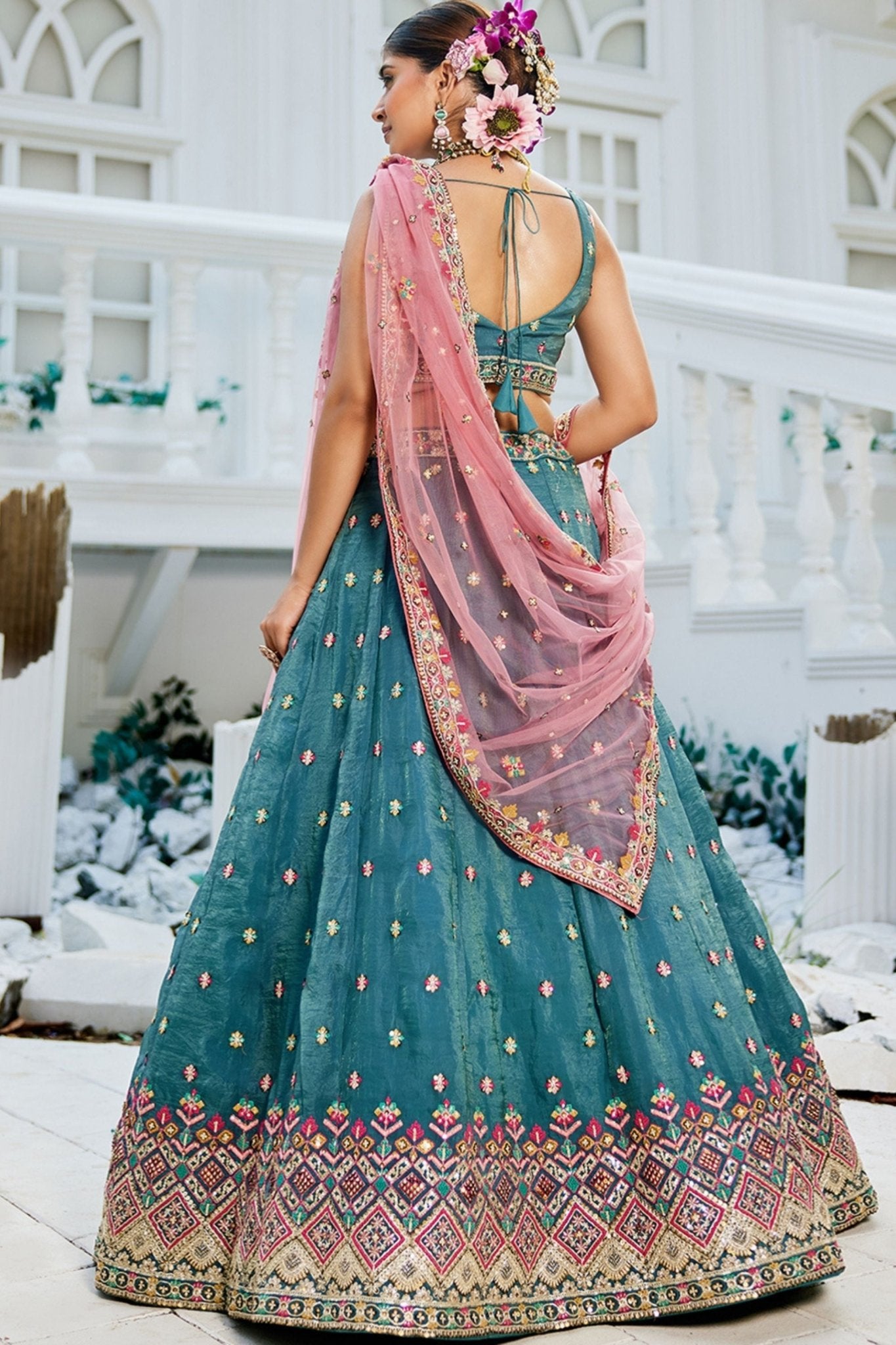 Teal Green Mirror Work Embroidered Silk Lehenga Choli with Pink Net Dupatta - Mangaldeep NX