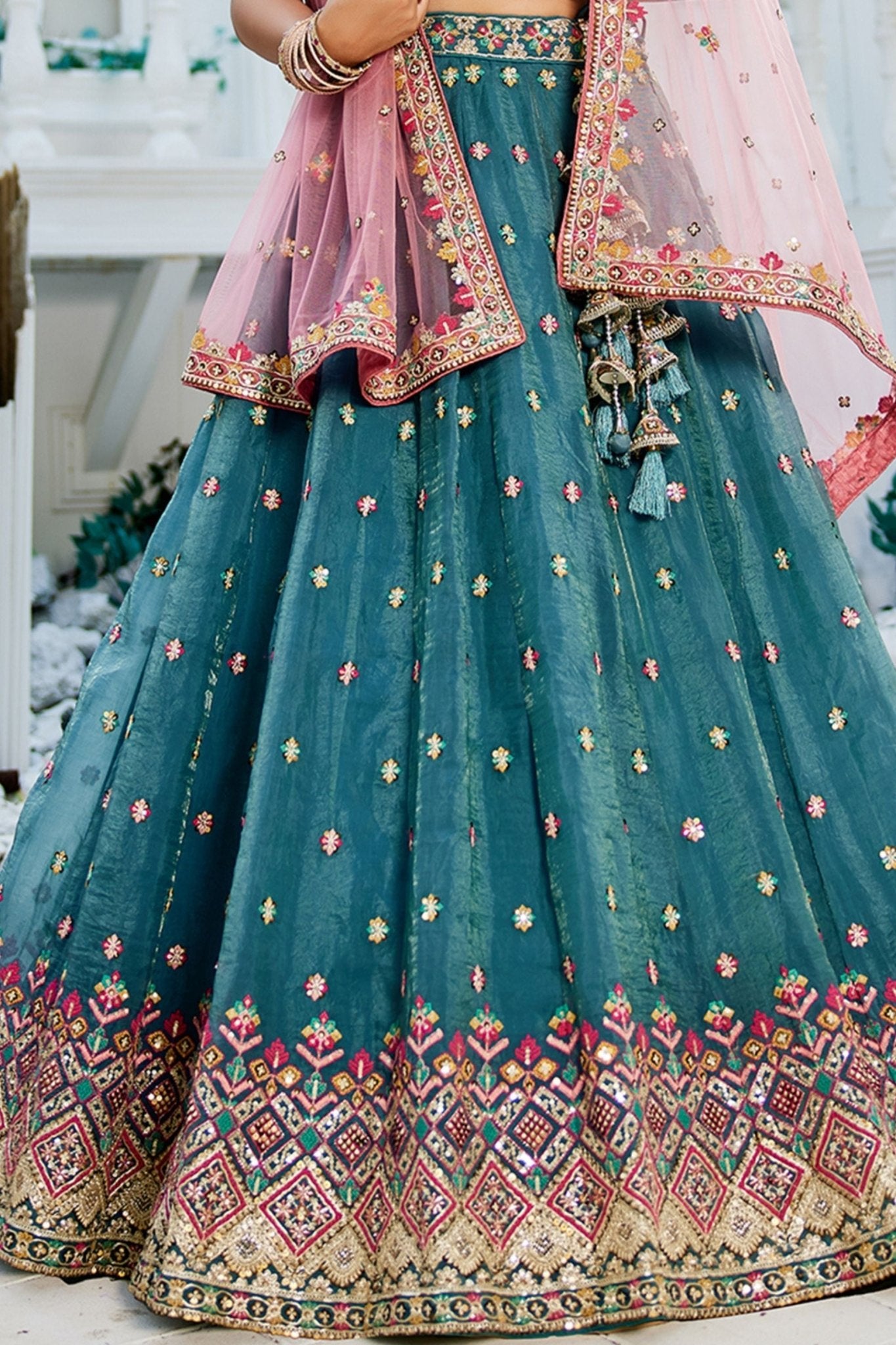 Teal Green Mirror Work Embroidered Silk Lehenga Choli with Pink Net Dupatta - Mangaldeep NX