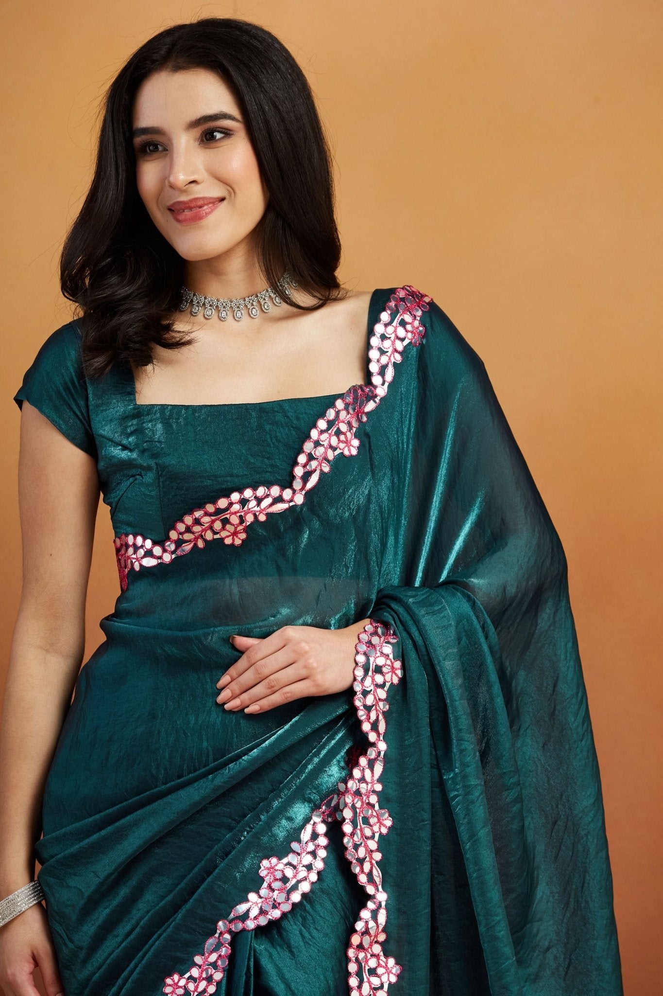 Teal Green Satin Silk Saree with Sequin Floral Border and Matching Blouse - Mangaldeep NX