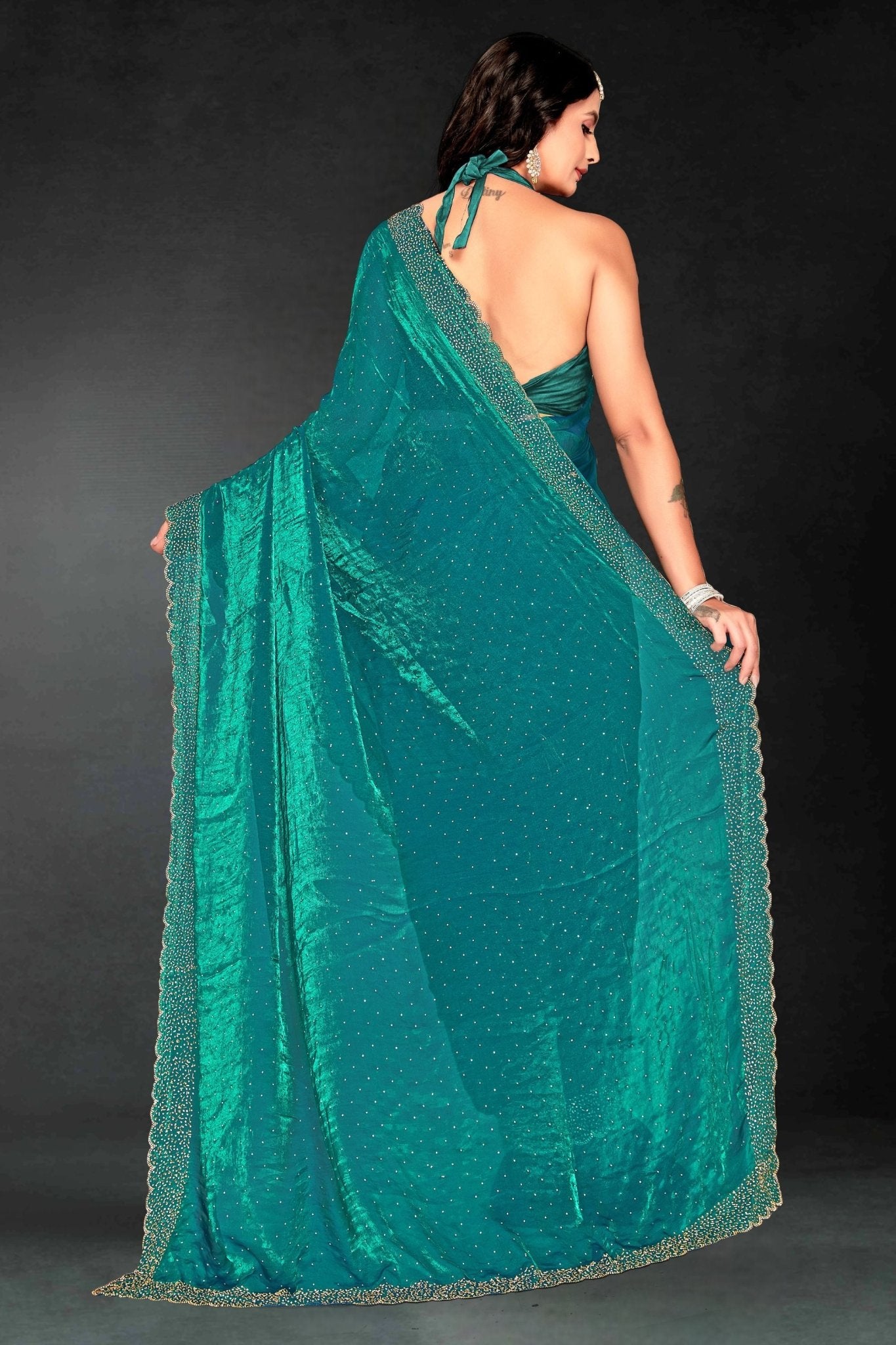 Teal Green Sequin Embellished Party Wear Fandy Silk Saree with Golden Scallop Border - Mangaldeep NX