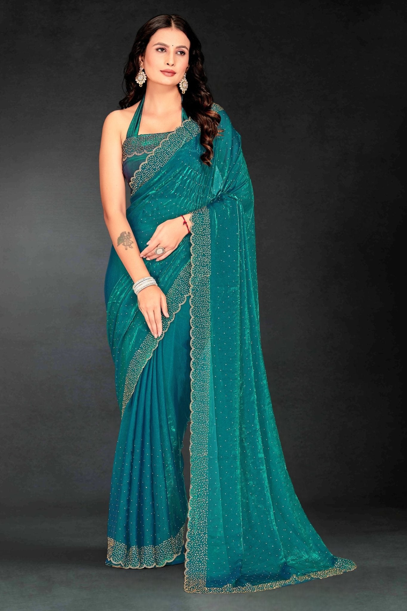 Teal Green Sequin Embellished Party Wear Fandy Silk Saree with Golden Scallop Border - Mangaldeep NX
