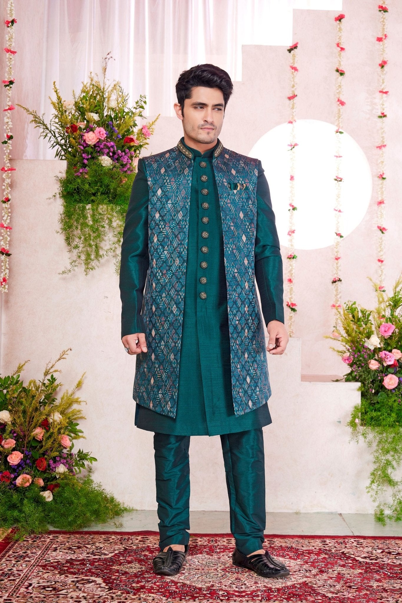 Teal Green Silk Kurta Set with Geometric Embroidered Indo - Western Jacket for Men - Mangaldeep NX