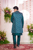 Teal Green Silk Kurta Set with Geometric Embroidered Indo - Western Jacket for Men - Mangaldeep NX