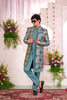 Teal Green Silk Kurta Set with Gold Brocade Patterned Indo - Western Jacket for Men - Mangaldeep NX