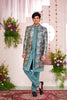 Teal Green Silk Kurta Set with Gold Brocade Patterned Indo - Western Jacket for Men - Mangaldeep NX