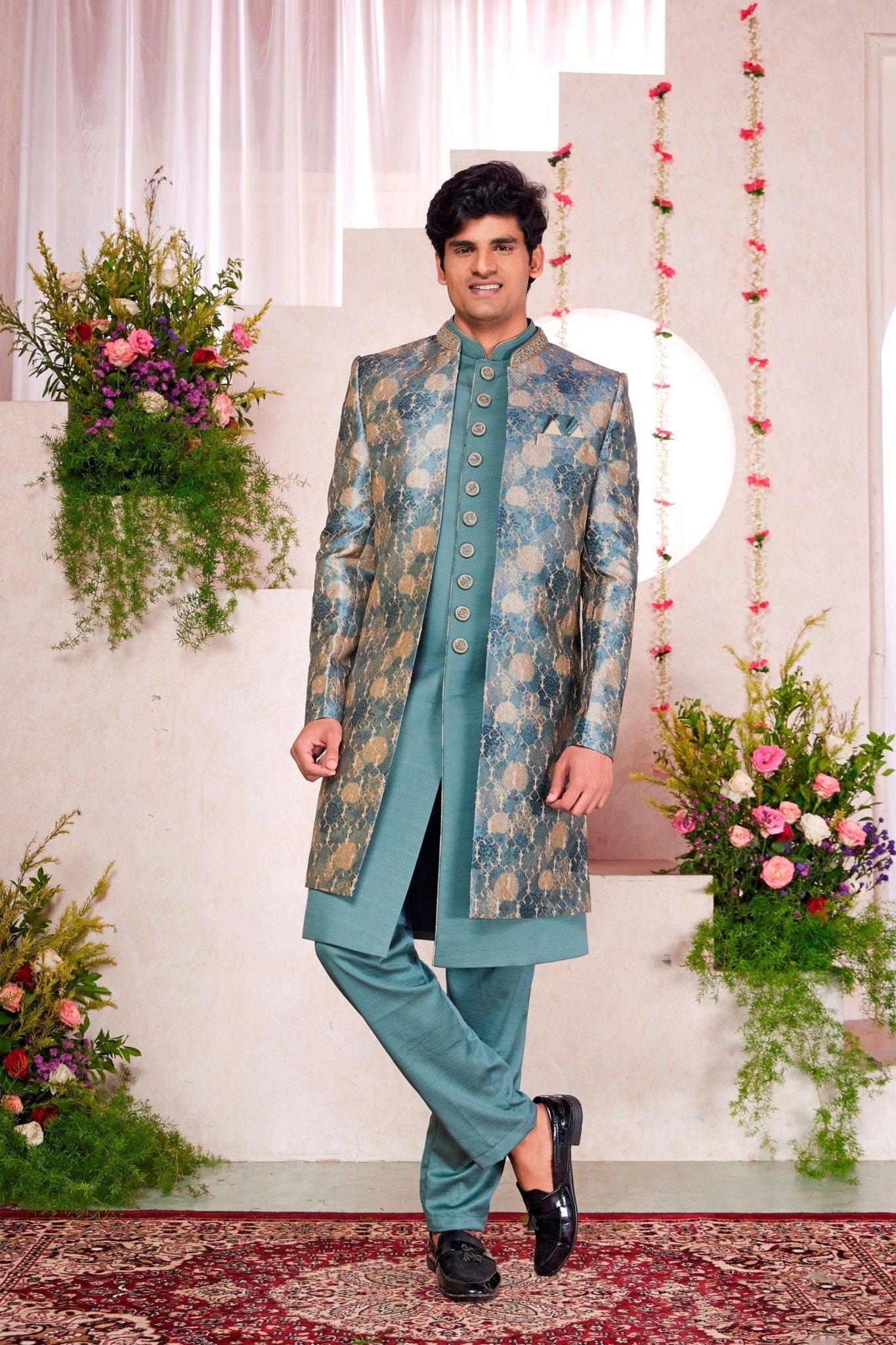 Teal Green Silk Kurta Set with Gold Brocade Patterned Indo - Western Jacket for Men - Mangaldeep NX