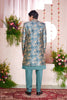 Teal Green Silk Kurta Set with Gold Brocade Patterned Indo - Western Jacket for Men - Mangaldeep NX