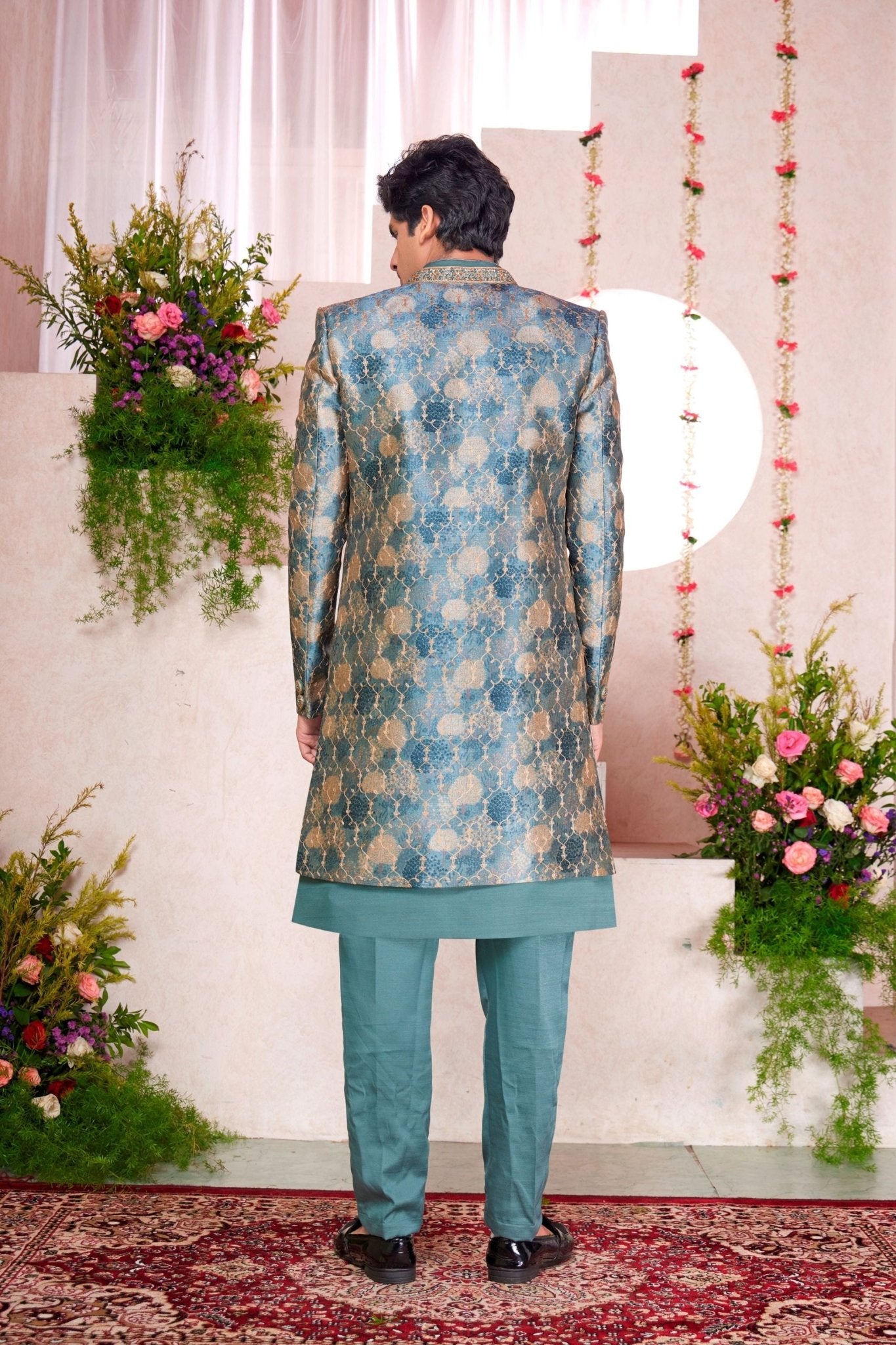 Teal Green Silk Kurta Set with Gold Brocade Patterned Indo - Western Jacket for Men - Mangaldeep NX