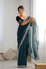 Teal Green Twill Net Saree with Silver Sequin Border and Black Velvet Blouse - Mangaldeep NX