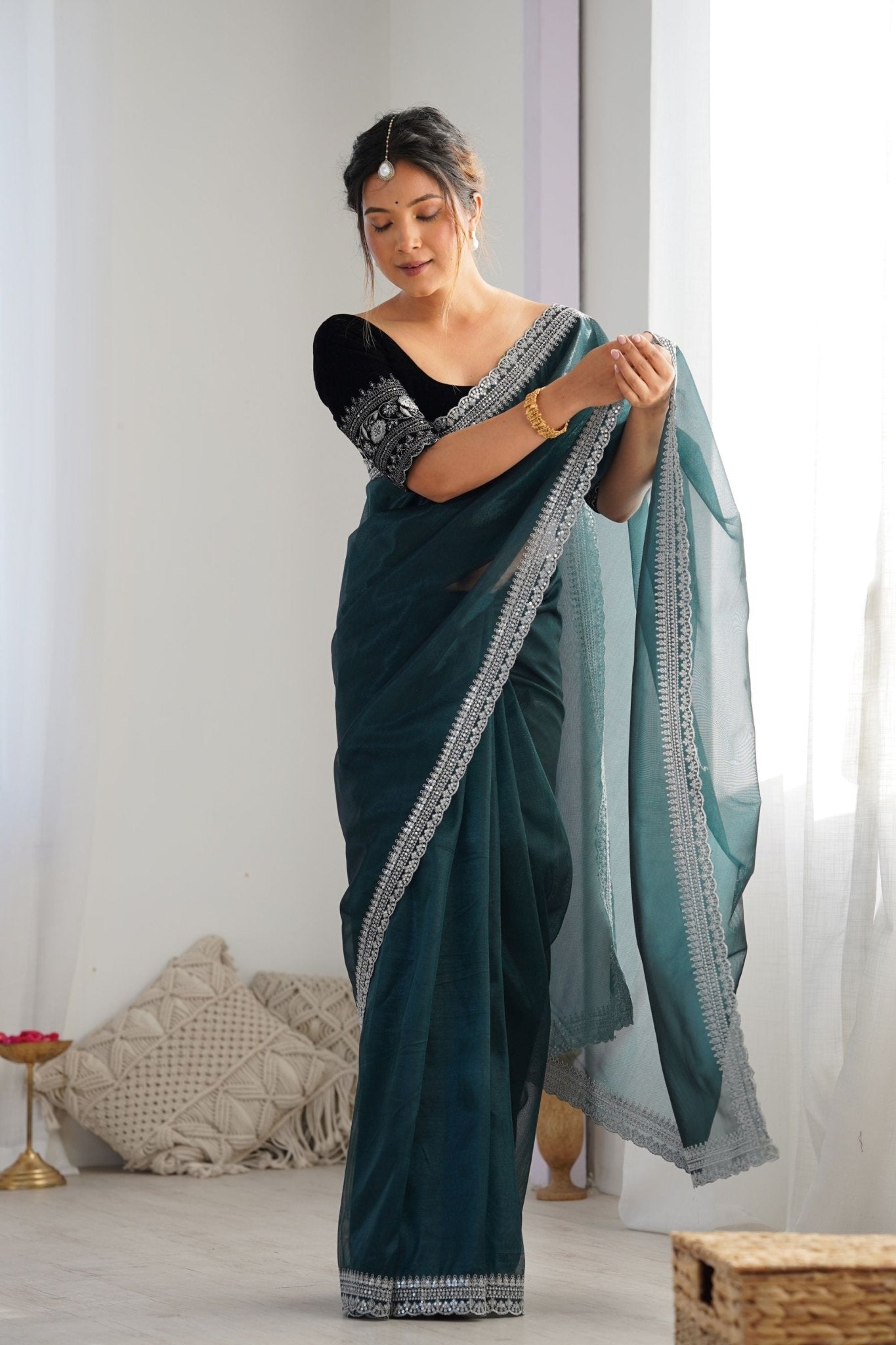 Teal Green Twill Net Saree with Silver Sequin Border and Black Velvet Blouse - Mangaldeep NX