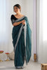 Teal Green Twill Net Saree with Silver Sequin Border and Black Velvet Blouse - Mangaldeep NX