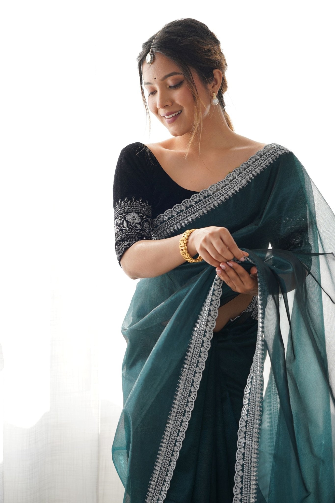 Teal Green Twill Net Saree with Silver Sequin Border and Black Velvet Blouse - Mangaldeep NX