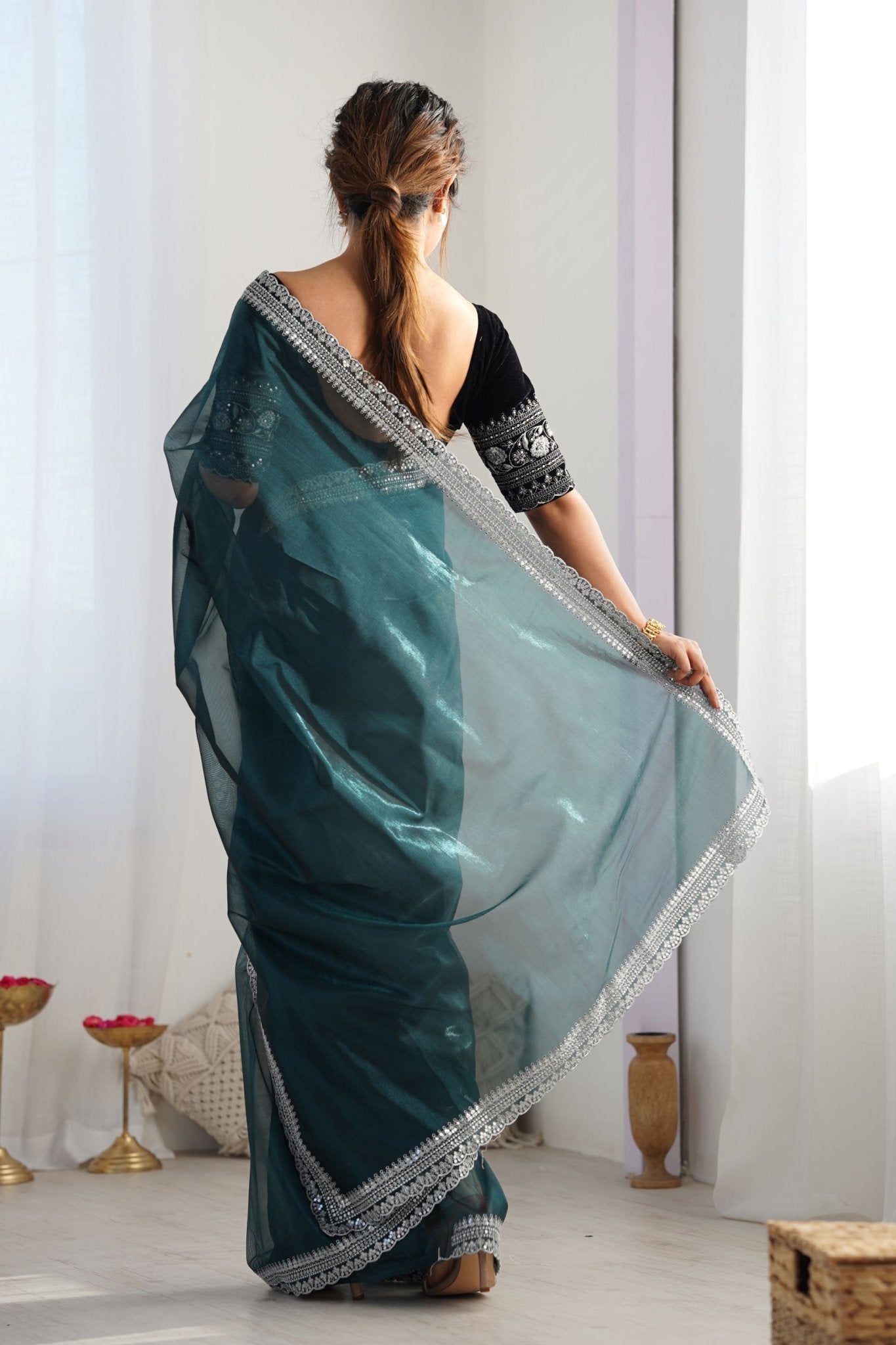 Teal Green Twill Net Saree with Silver Sequin Border and Black Velvet Blouse - Mangaldeep NX