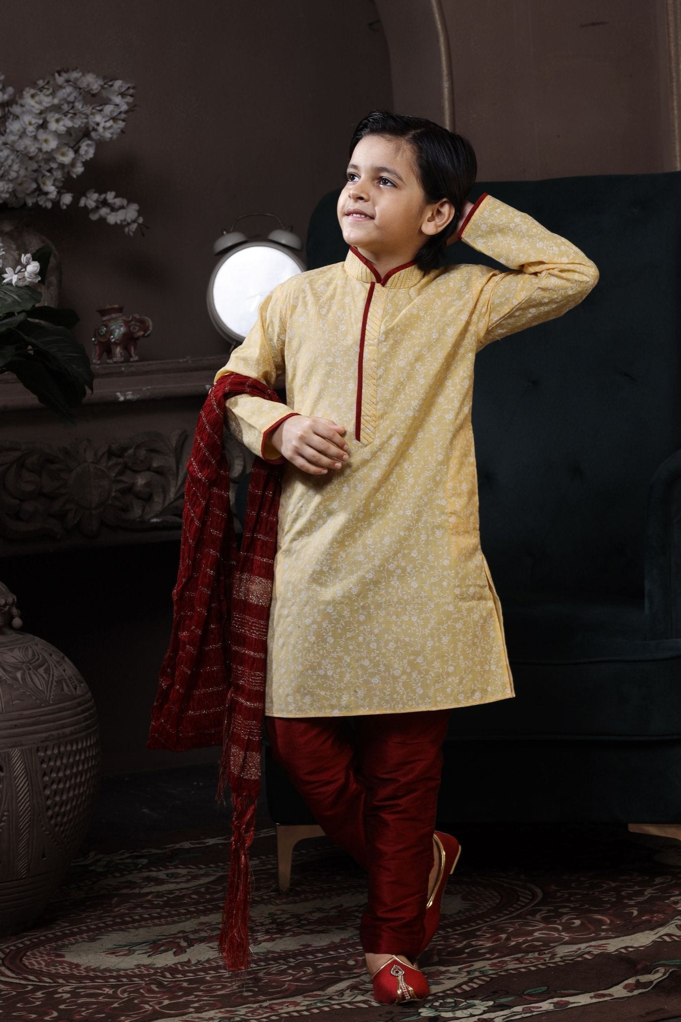 Traditional Boys Yellow Kurta with Red Pyjama and Dupatta - Mangaldeep NX