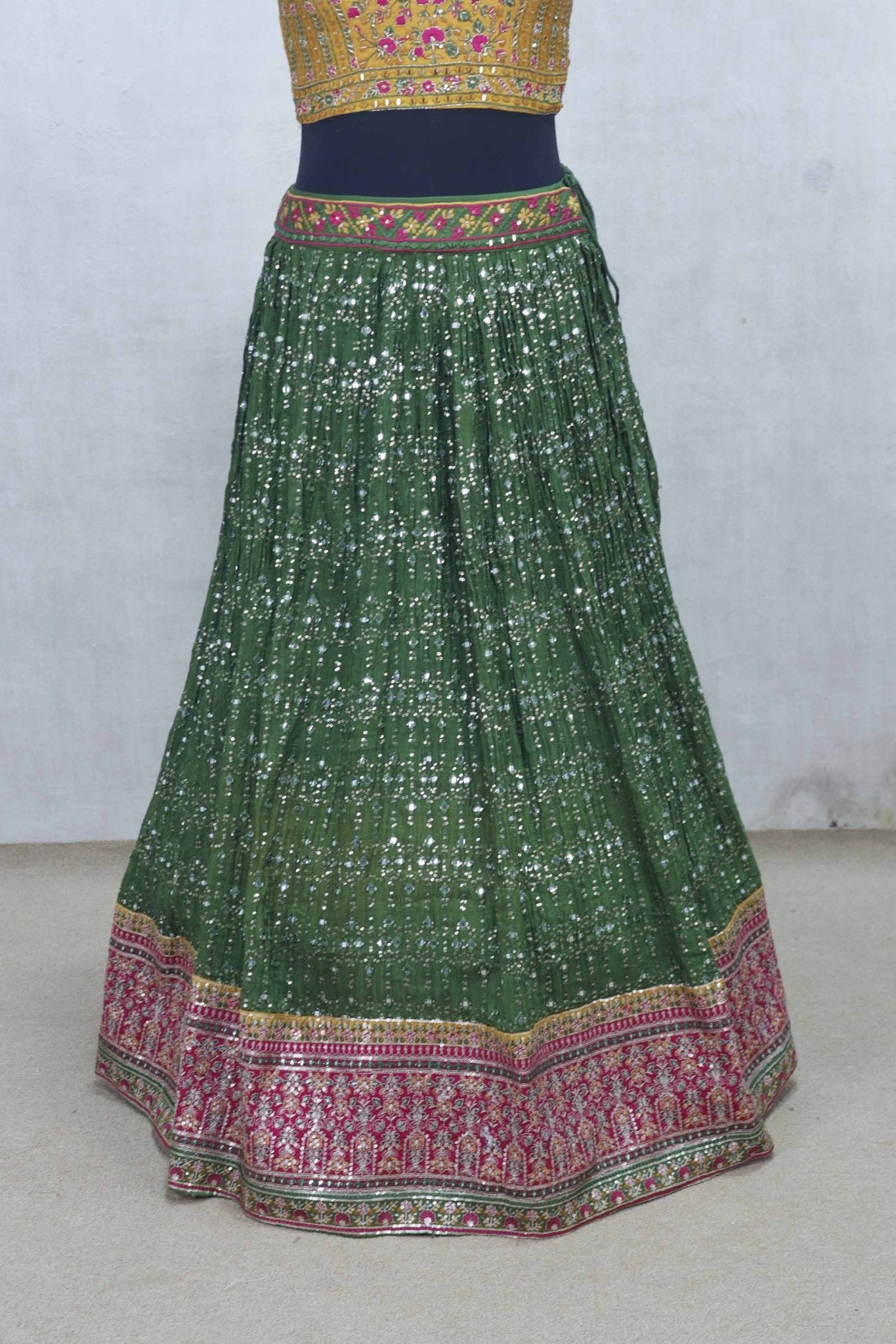 Traditional Indian Green Mirror Work Lehenga Choli with Yellow Embroidered Blouse - Mangaldeep NX