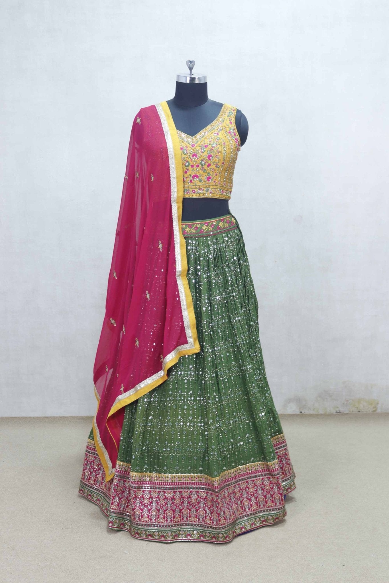 Traditional Indian Green Mirror Work Lehenga Choli with Yellow Embroidered Blouse - Mangaldeep NX