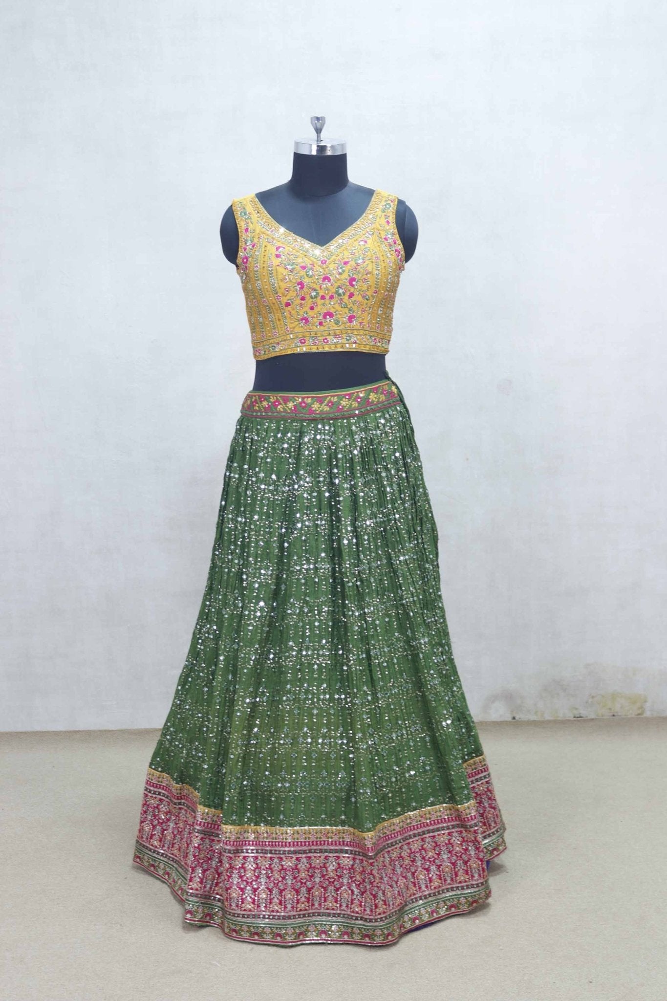Traditional Indian Green Mirror Work Lehenga Choli with Yellow Embroidered Blouse - Mangaldeep NX