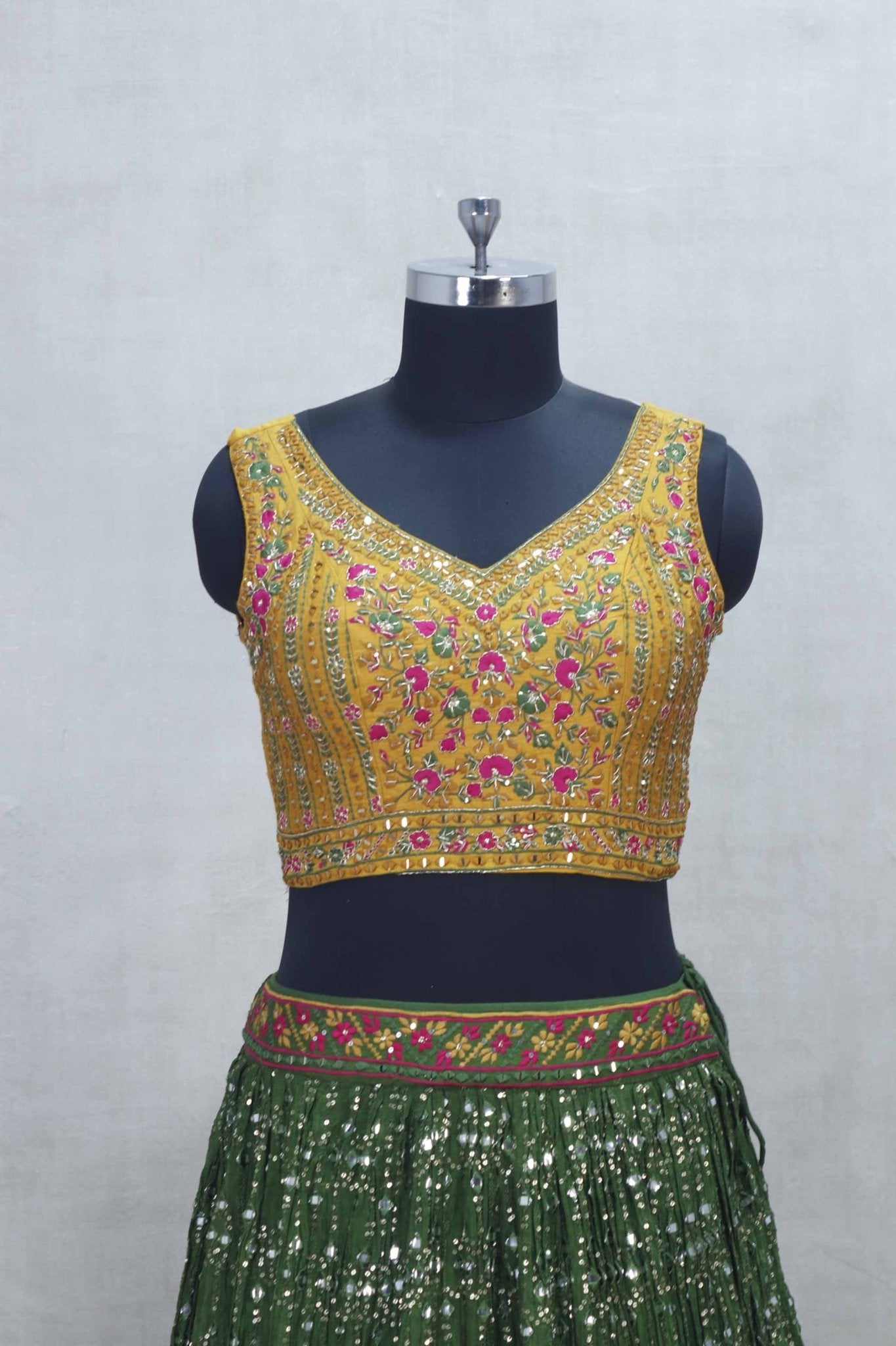 Traditional Indian Green Mirror Work Lehenga Choli with Yellow Embroidered Blouse - Mangaldeep NX