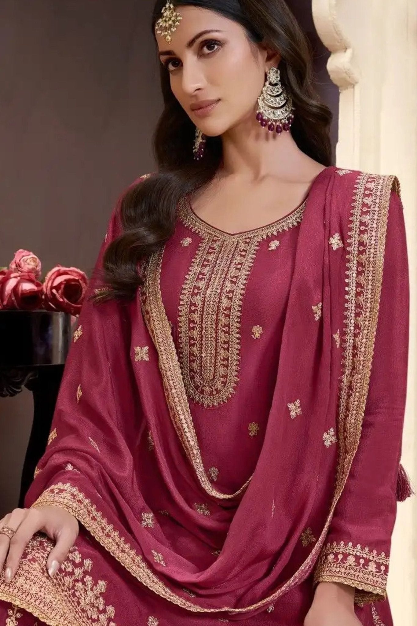 Traditional Maroon Embroidered Sharara Suit for Women - Mangaldeep NX