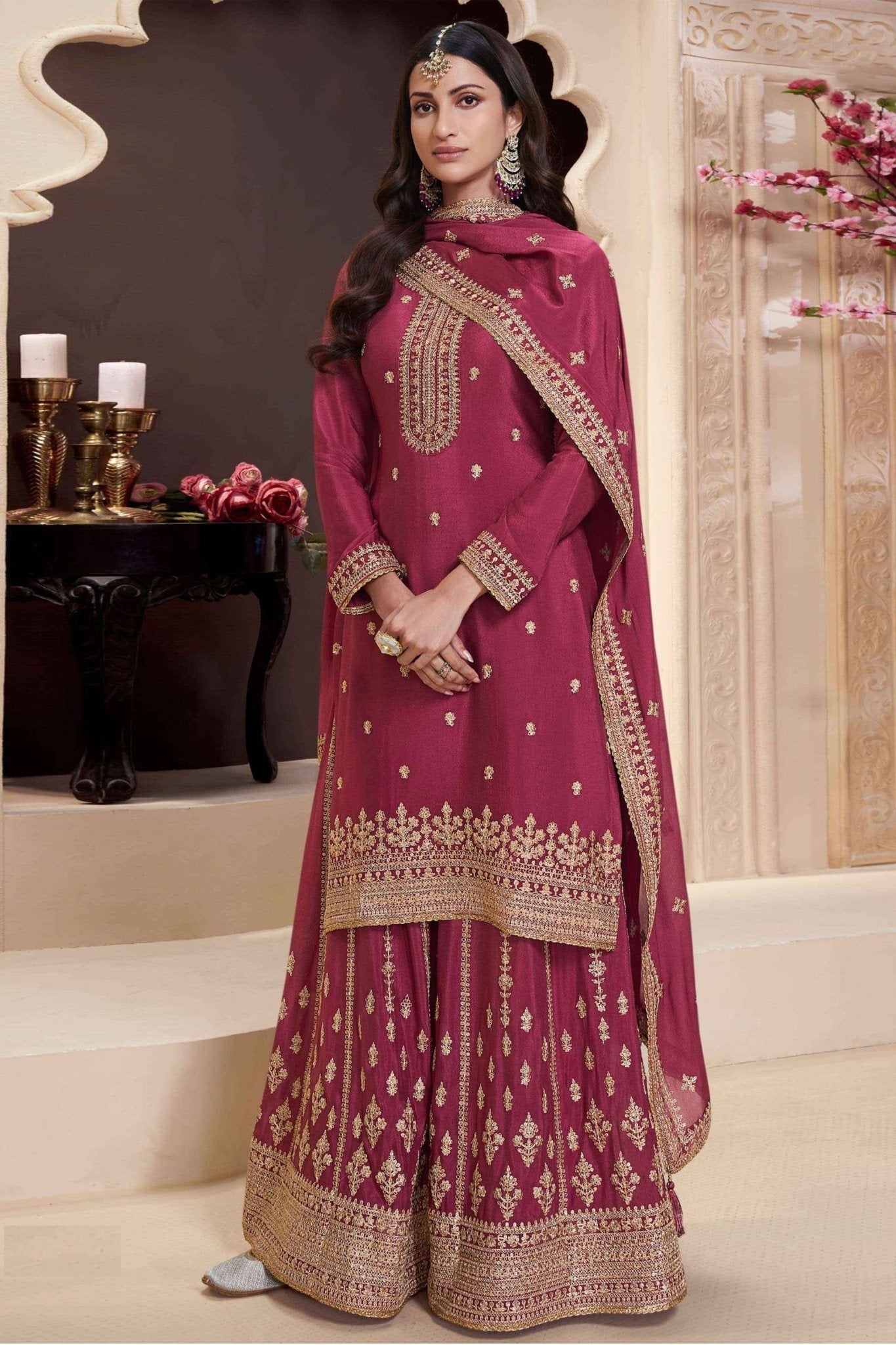 Traditional Maroon Embroidered Sharara Suit for Women - Mangaldeep NX