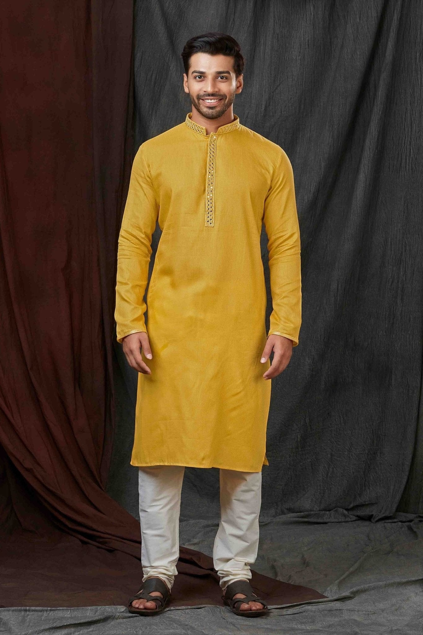 Traditional Mustard Yellow Textured Cotton Kurta for Men with Off - White Pyjama - Mangaldeep NX