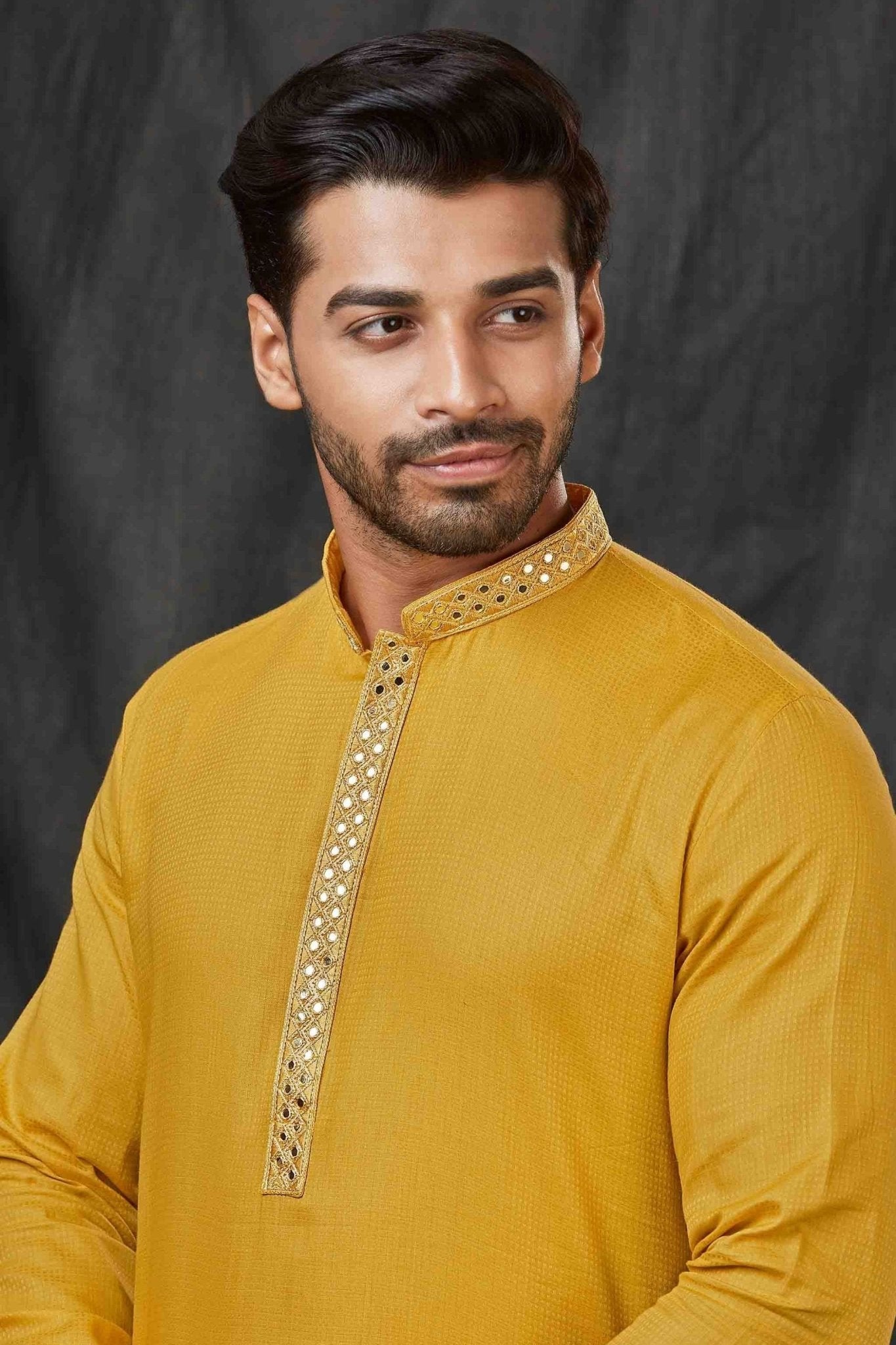 Traditional Mustard Yellow Textured Cotton Kurta for Men with Off - White Pyjama - Mangaldeep NX
