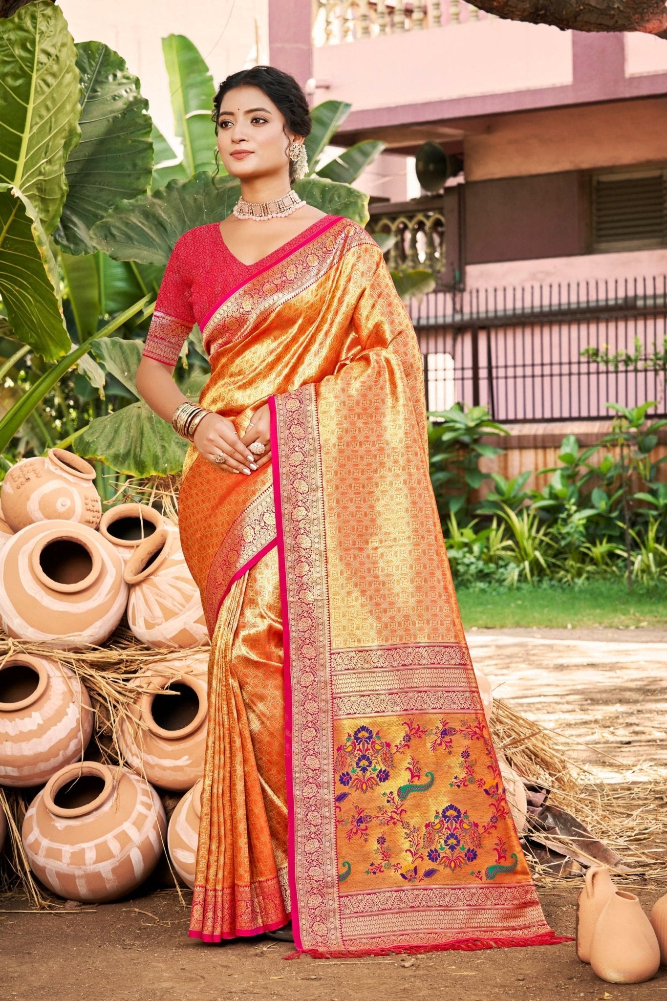 Traditional Orange Kanjivaram Silk Saree with Pink Zari Border and Rich Floral Pallu - Mangaldeep NX