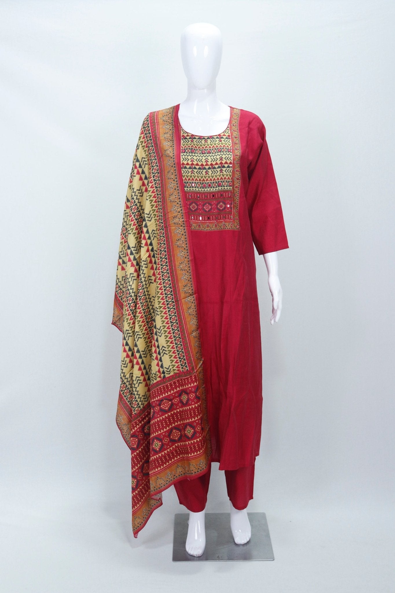 Traditional Red Cotton Kurta Set with Printed Dupatta Ethnic Wear for Daily Festive Use - Mangaldeep NX