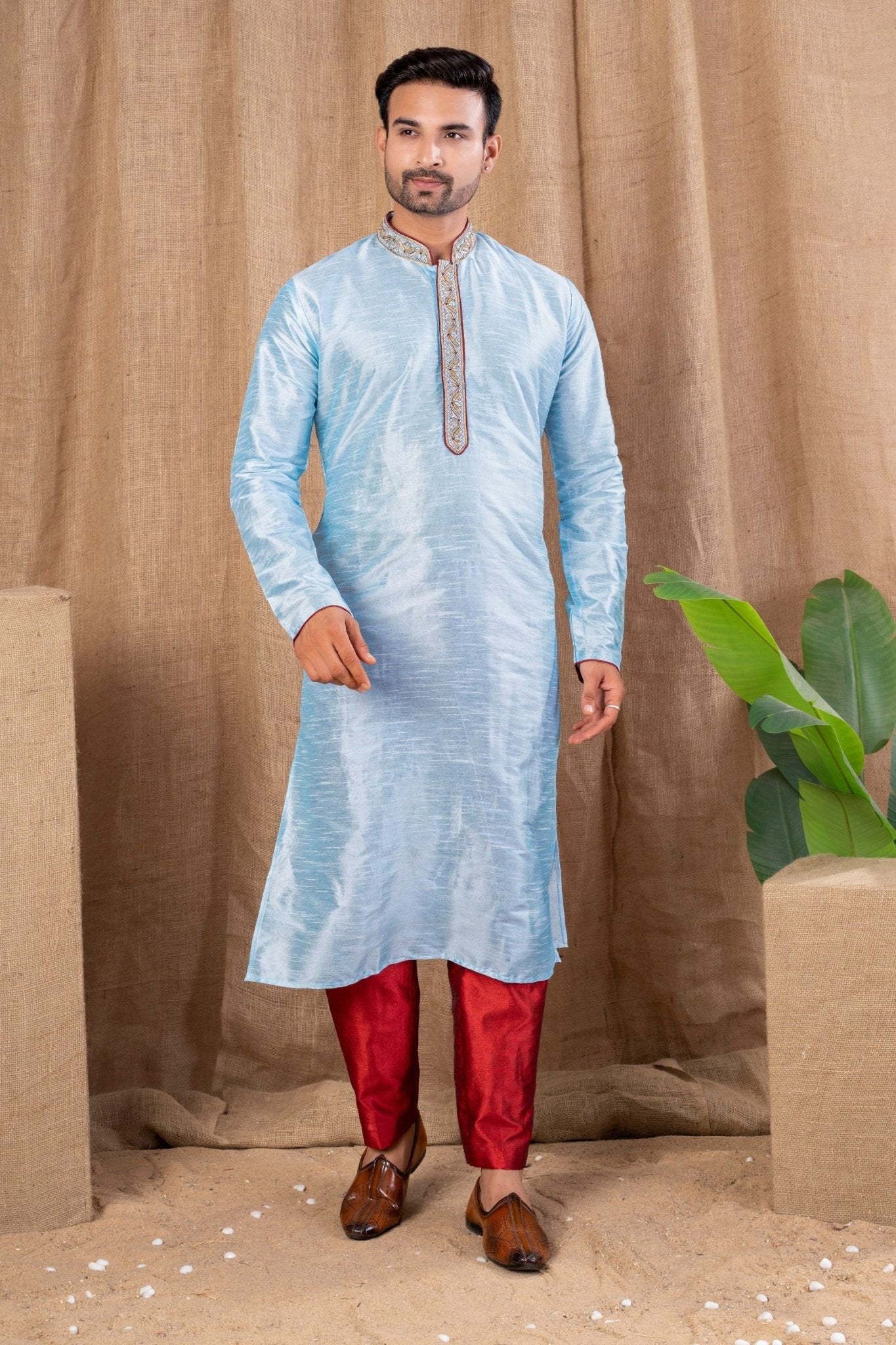Traditional Sky Blue Embroidered Art Silk Kurta for Men with Maroon Pyjama - Mangaldeep NX