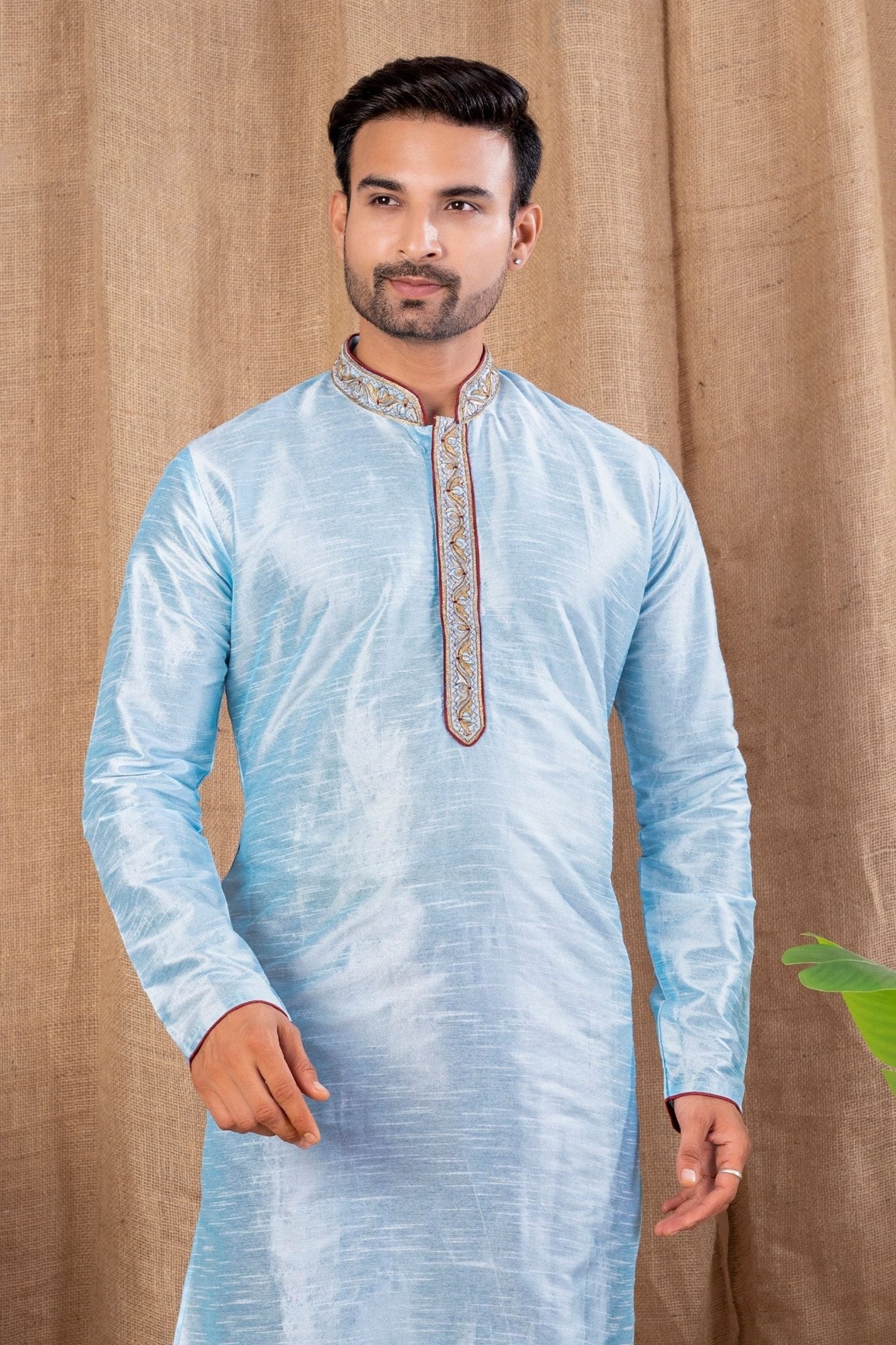 Traditional Sky Blue Embroidered Art Silk Kurta for Men with Maroon Pyjama - Mangaldeep NX