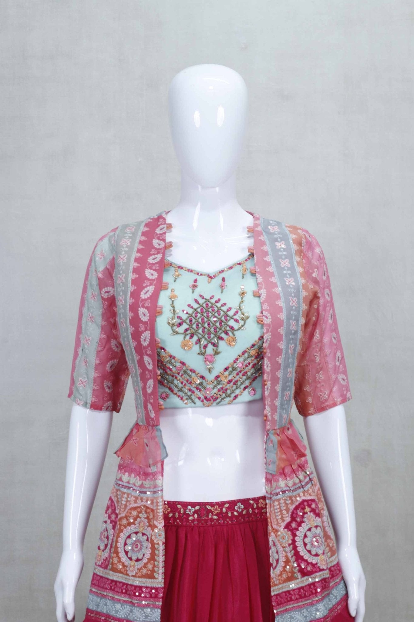 Trendy Pink and Aqua Blue Crop Top Lehenga Set with Printed Jacket - Mangaldeep NX