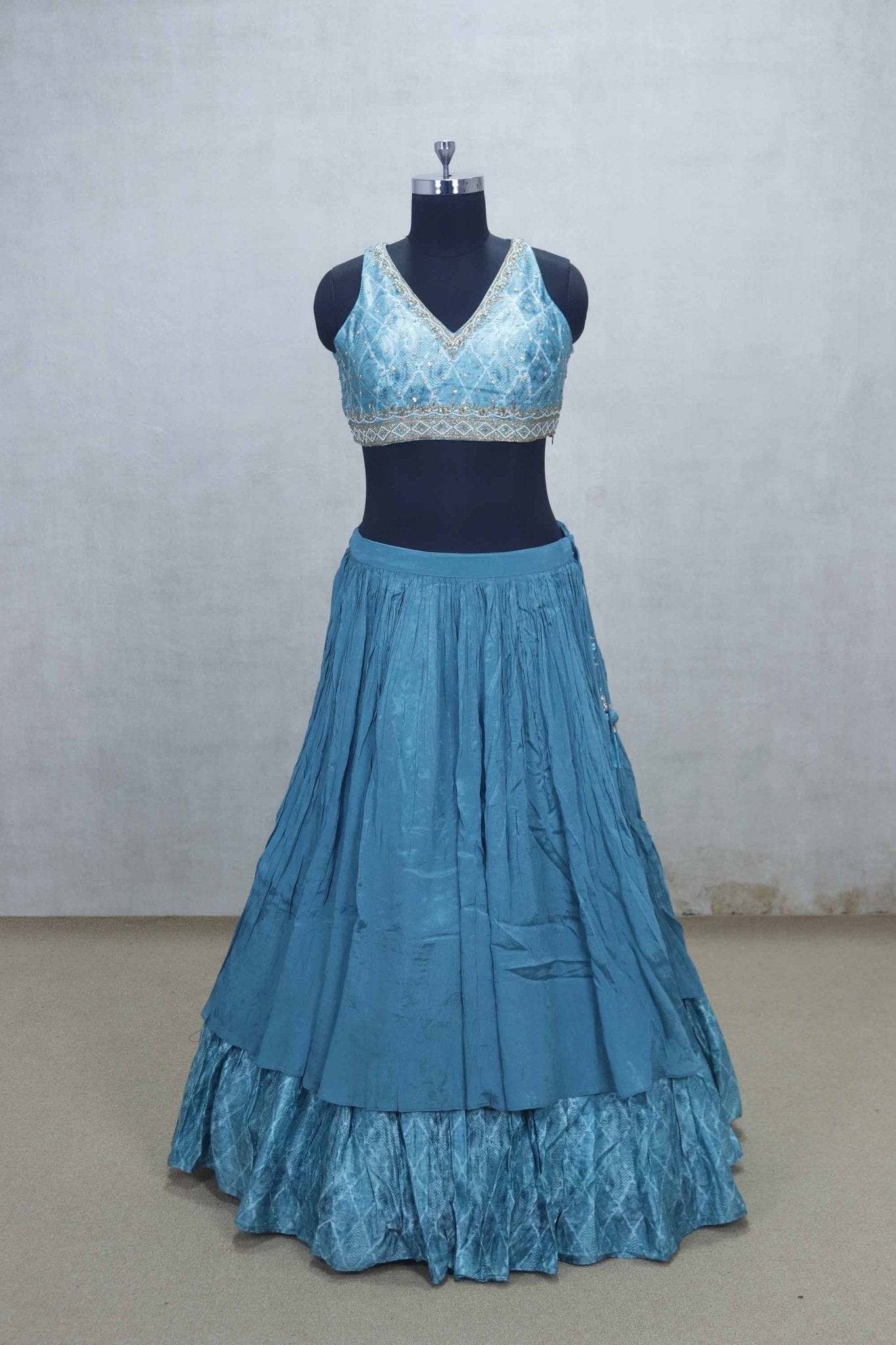 Turquoise Blue Crushed Layered Lehenga Choli with V - Neck Embroidered Blouse - Mangaldeep NX