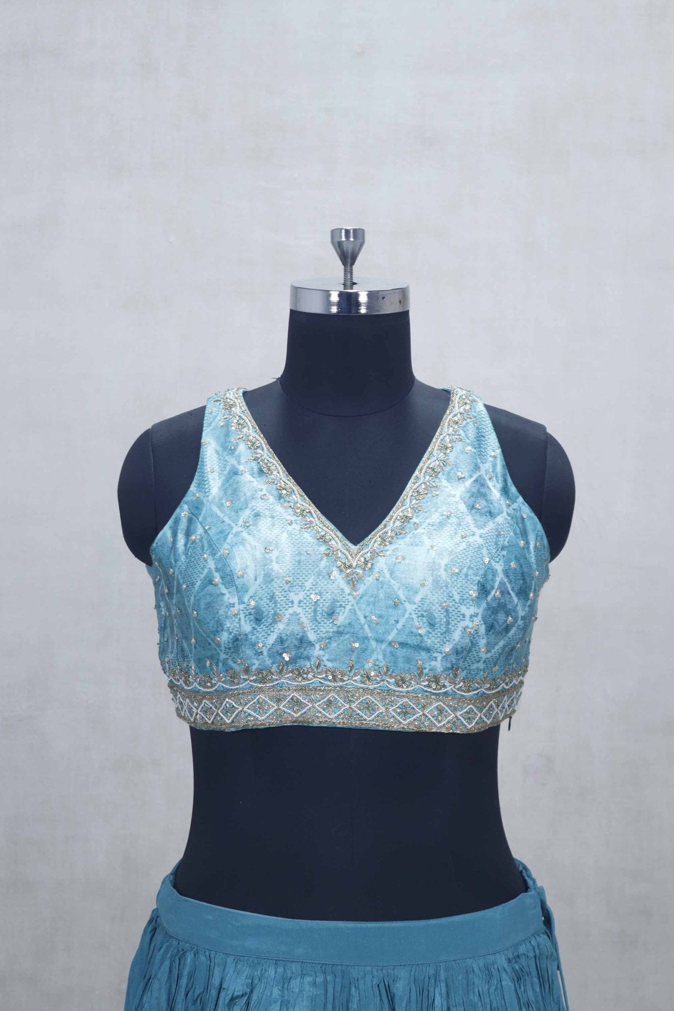 Turquoise Blue Crushed Layered Lehenga Choli with V - Neck Embroidered Blouse - Mangaldeep NX