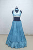 Turquoise Blue Crushed Layered Lehenga Choli with V - Neck Embroidered Blouse - Mangaldeep NX