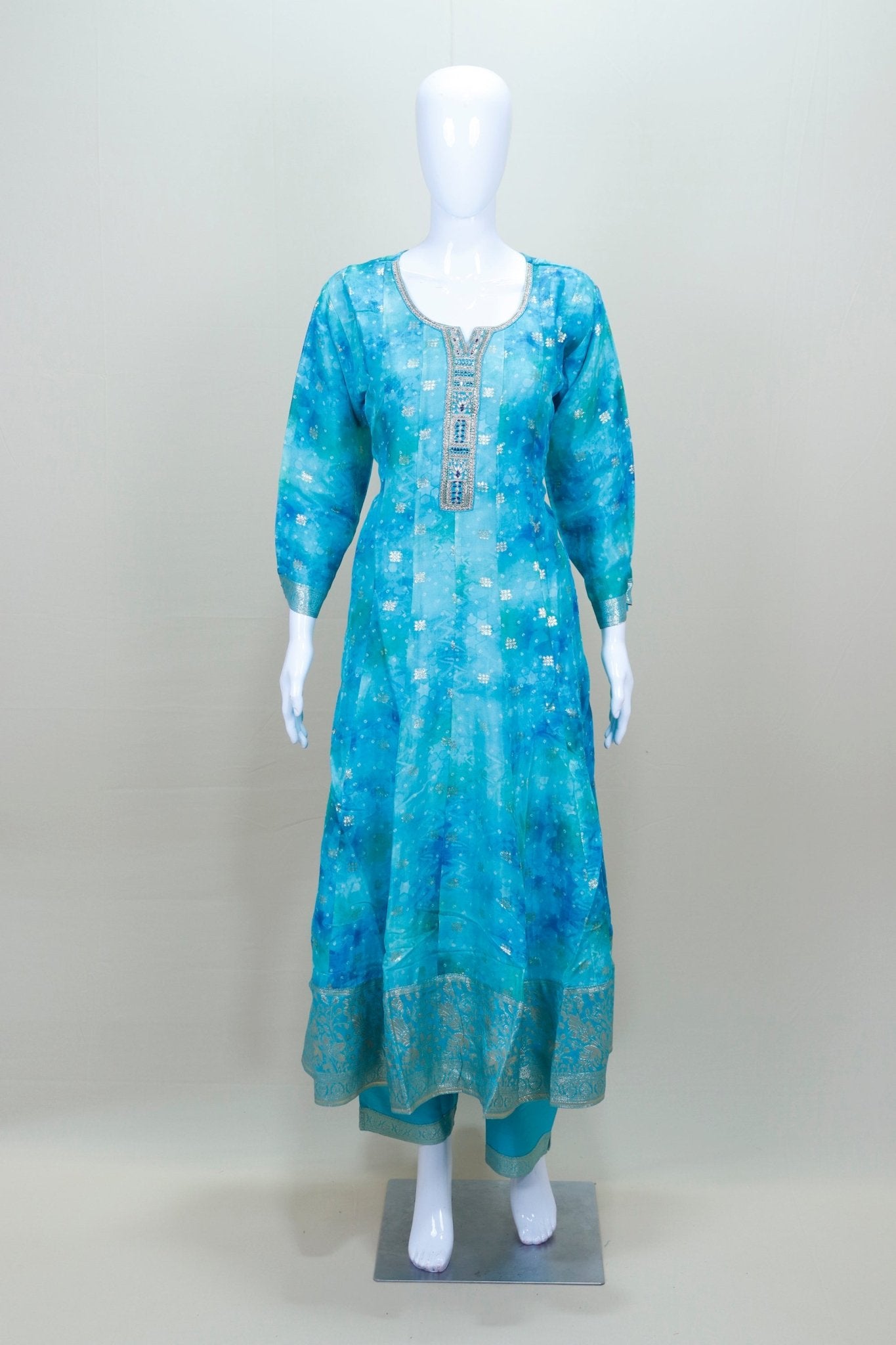 Turquoise Blue Tie - Dye Embroidered Salwar Suit with Matching Dupatta - Mangaldeep NX