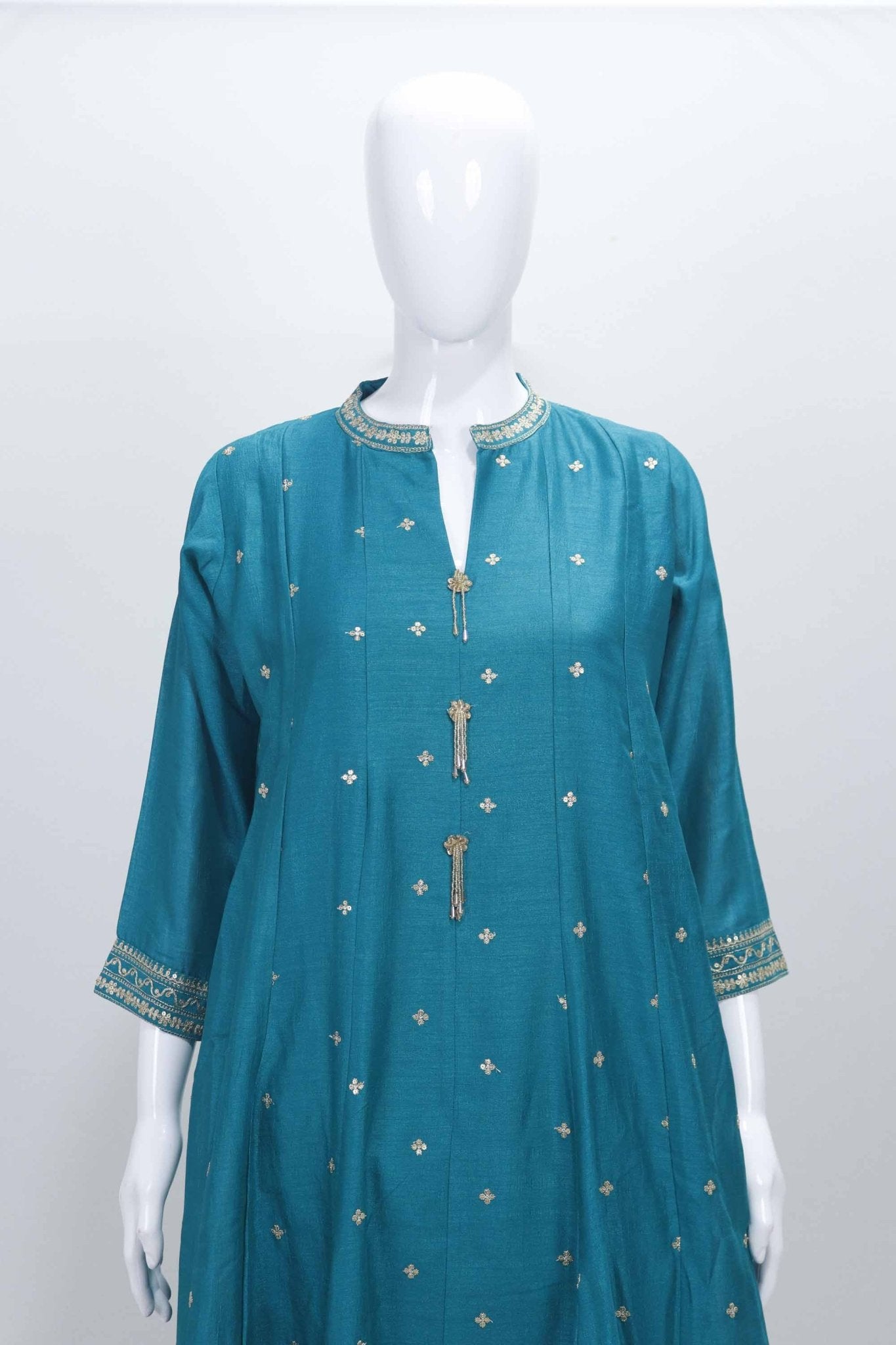 Turquoise Green Embroidered Straight Kurta Set with Zari Tassel Detailing and Matching Dupatta - Mangaldeep NX