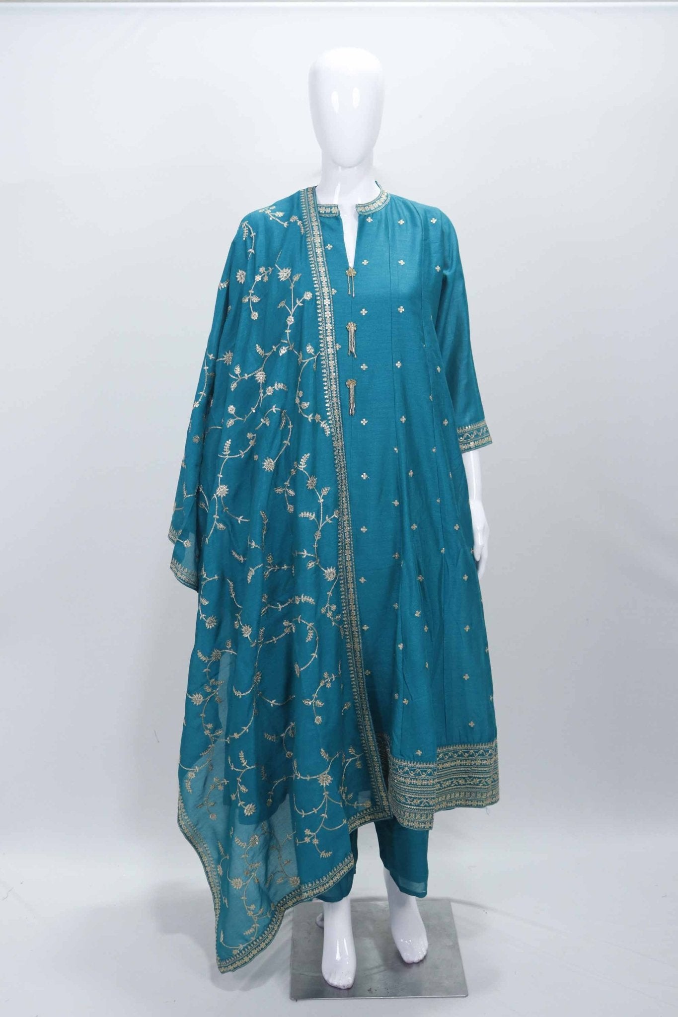 Turquoise Green Embroidered Straight Kurta Set with Zari Tassel Detailing and Matching Dupatta - Mangaldeep NX